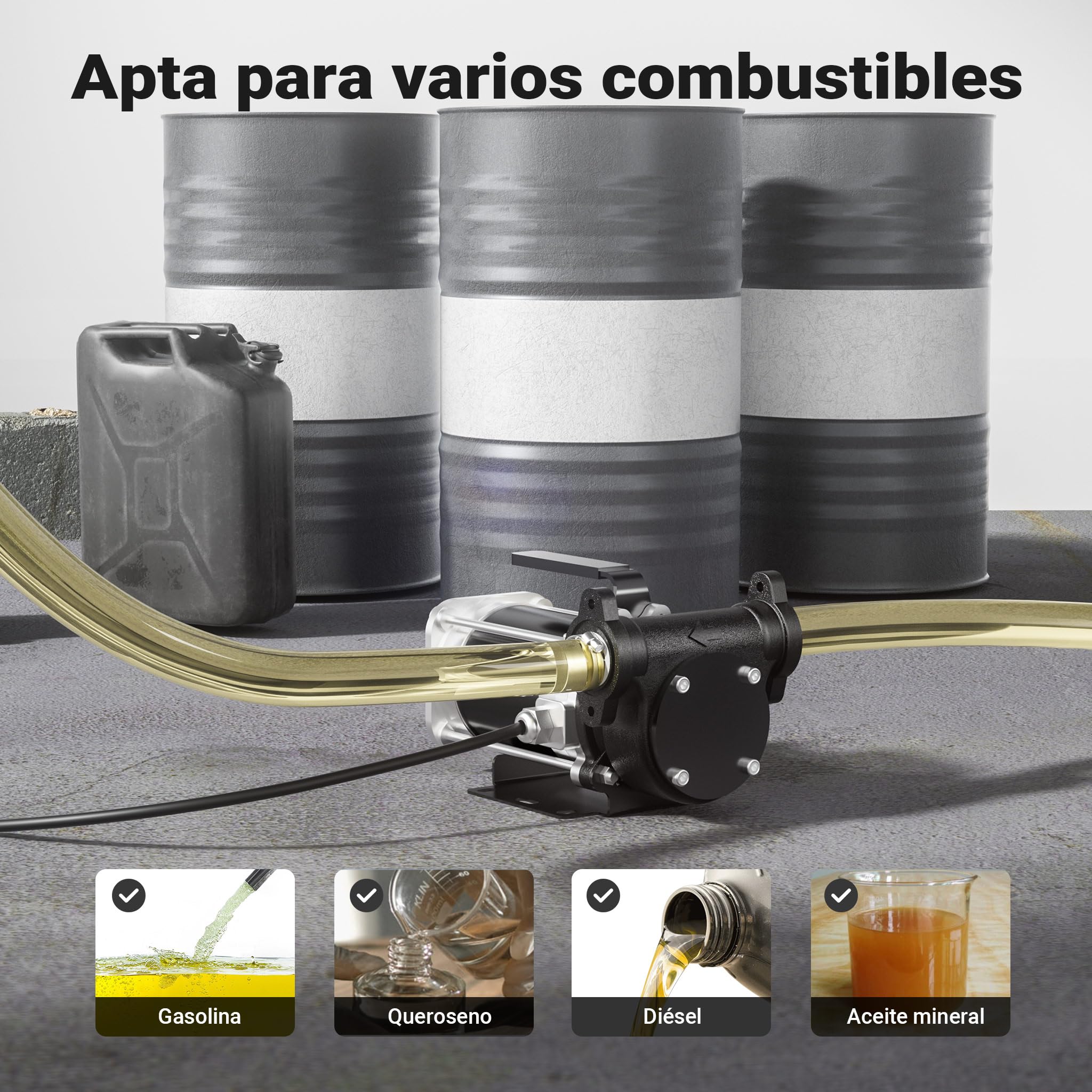 Wiltec Bomba de trasvase gasolina y diésel 12 V, 180 W caudal 57 l/min portátil cable con clips de batería altura máx. 12 m aspiración máx. 2 m autocebante ideal para trasvase desde barriles