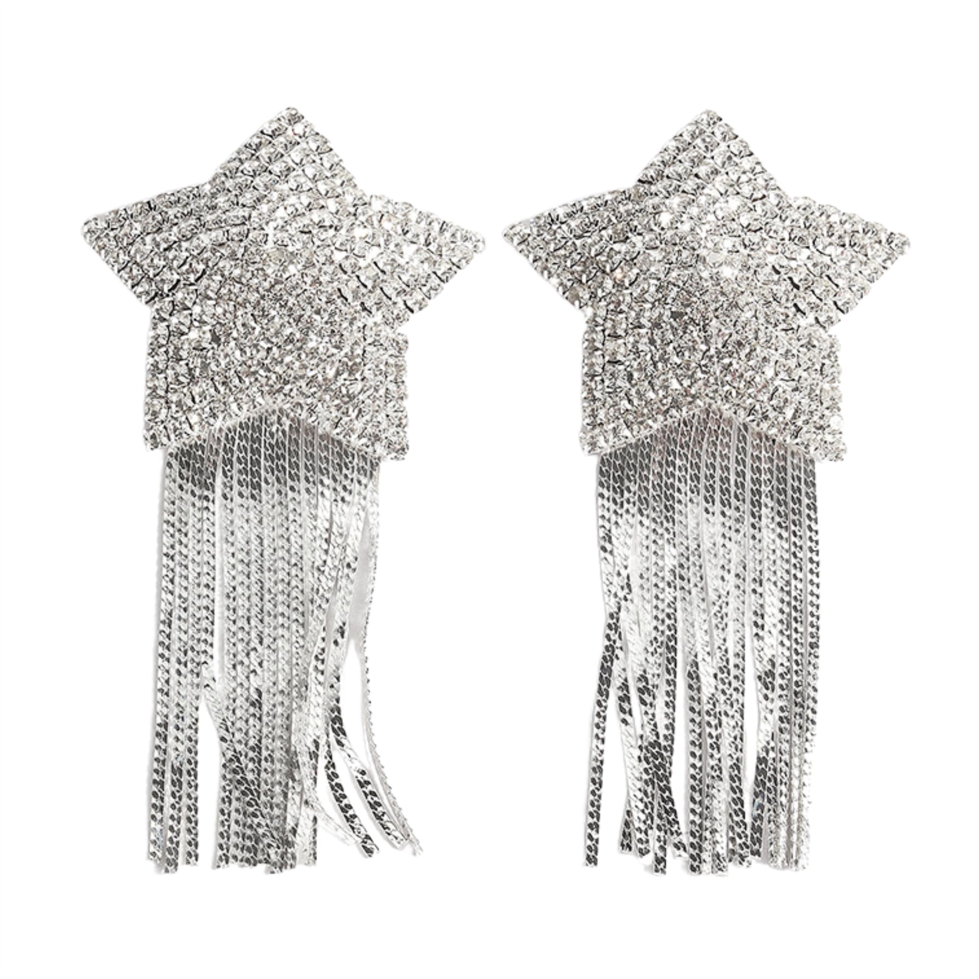 leomoste Reusable Silicone Sequin Adhesive Nipple Cover Pasties Bra with Tassel Star Pasties Adhesive Nipple Cover: Rhinestone-silver