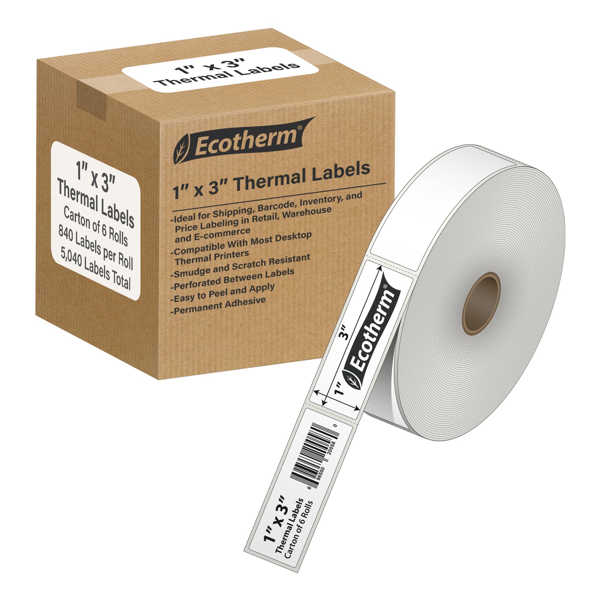 Photo 1 of 1" x 3" Thermal Labels | 6 Rolls | 5040 Labels | fits Zebra, Godex, Arkscan, iDPRT, Offnova Thermal Label Printers and More | Blank White Adhesive Stickers by Ecotherm BOX 6