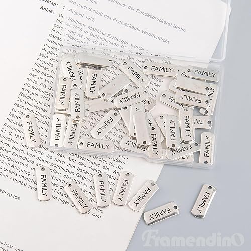 Miniatura 3 de Framendino, Paquete de 50 dijes familiares rectangulares con colgantes de palabra para collar de mensaje, dijes, enlaces de etiqueta, Plata