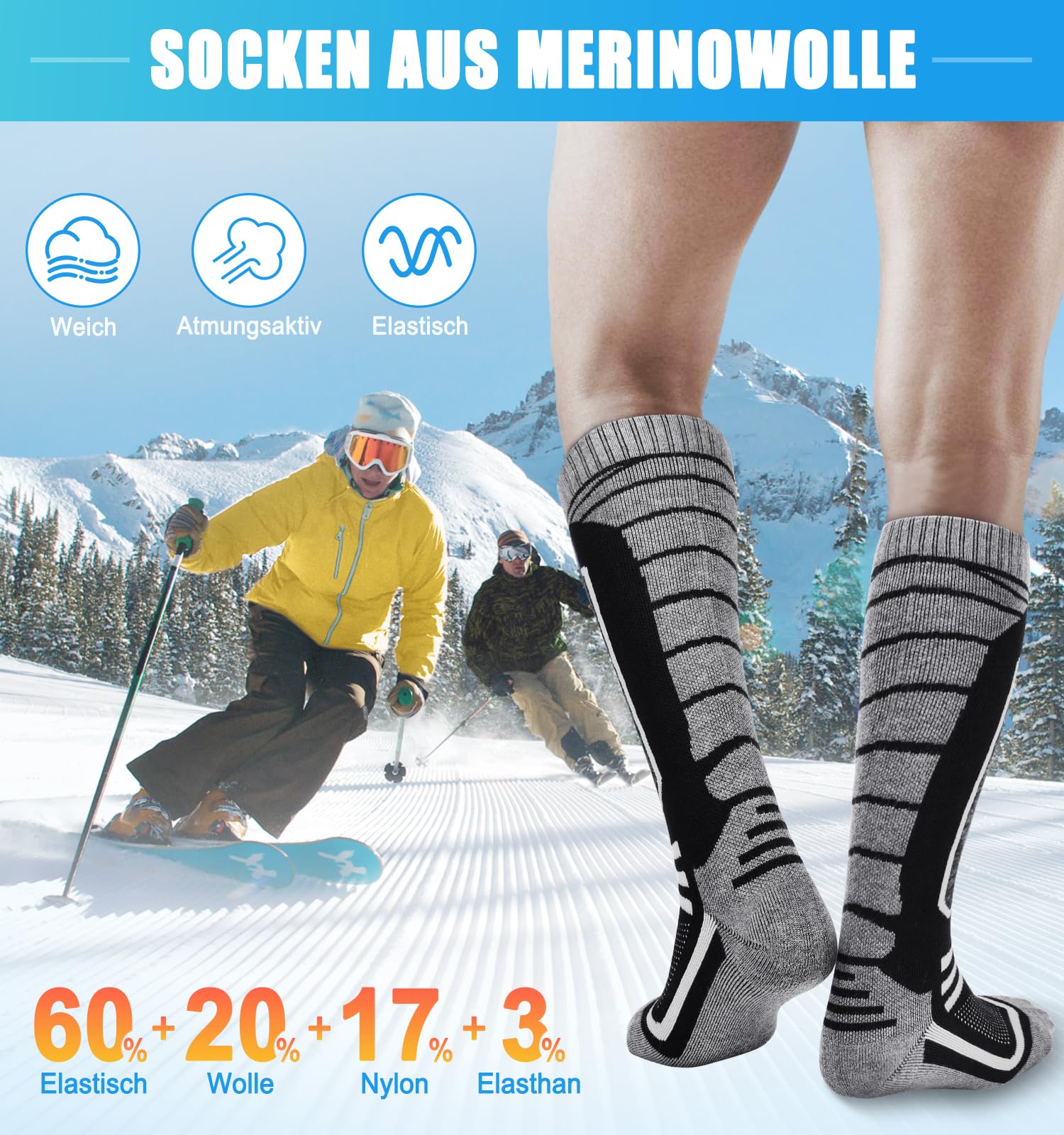 LUROON Chaussette de Ski en Laine Mérinos pour Homme, 2 Paires Longues Thermique Chaussettes Hautes Chaussette Chauffe-Pieds pour Sport Cyclisme Randonnée Ski