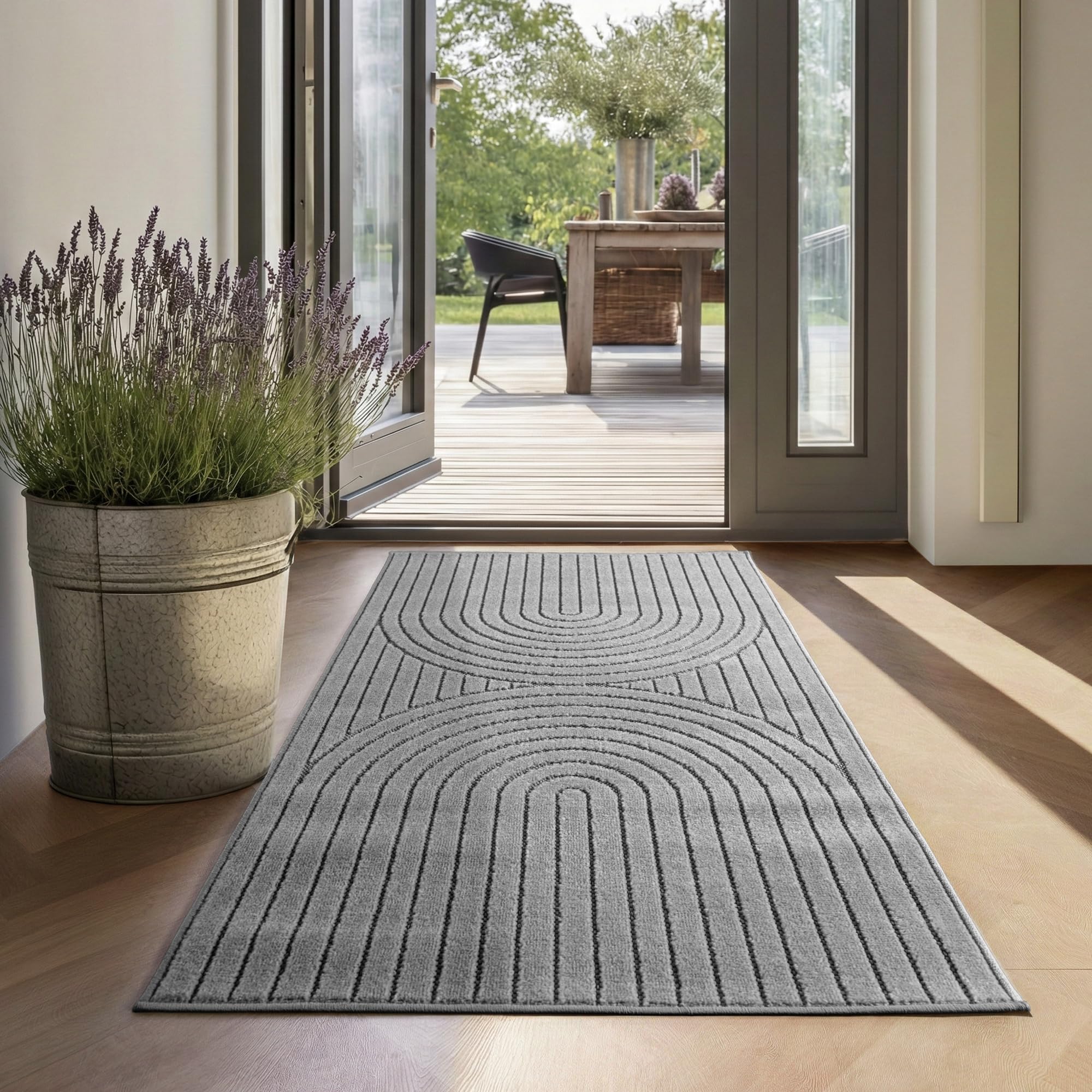 SIMPEX Kurzflor Teppich Wohnzimmer, Schlafzimmer, Küche, 3D Hoch-Tief-Effekt, Skandinavisch Boho Motiv, für Outdoor Bereich geeignet Terrassen oder im Balkon