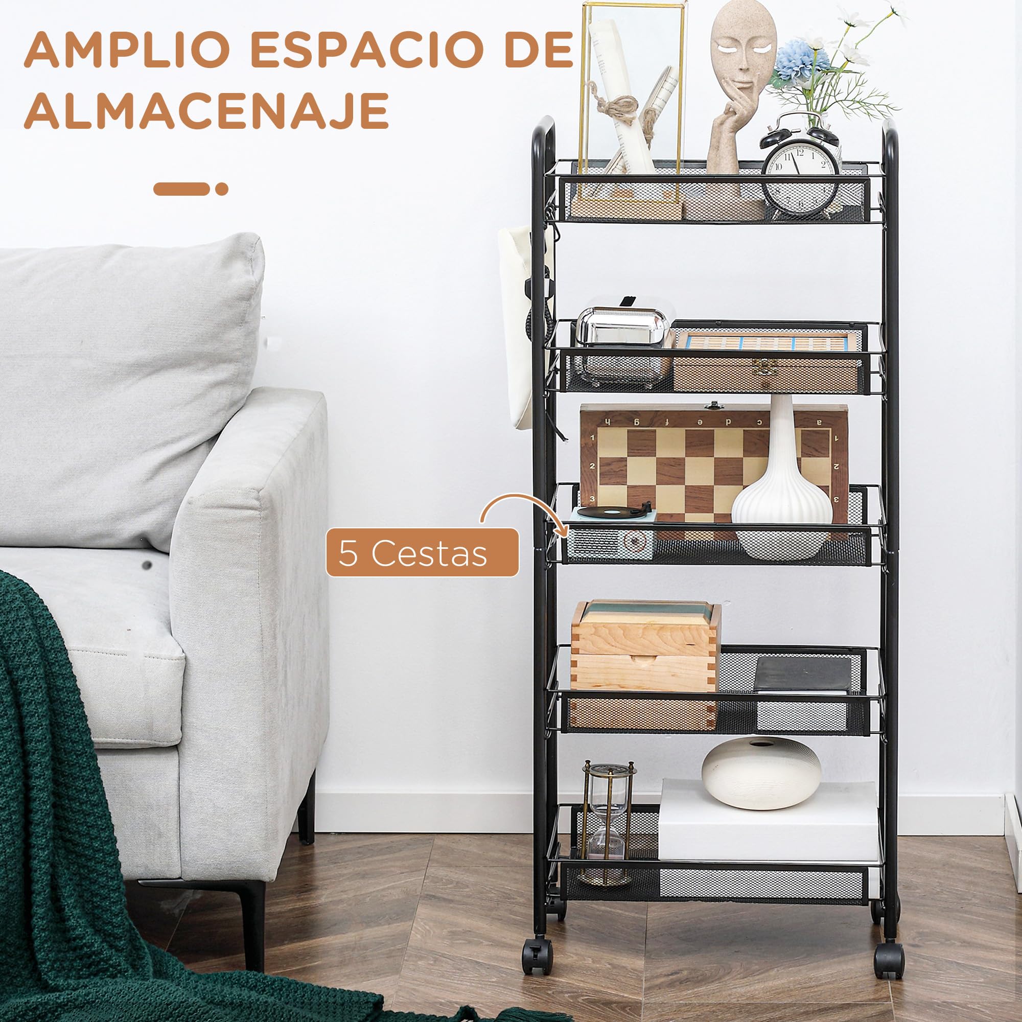 HOMCOM Carrito Auxiliar con Ruedas, Verdulero Cocina de 5 Niveles, Carrito de Cocina con 4 Ganchos, Carga 15 kg, para Comedor, Sala de Estar, Baño, 45x26,5x106 cm, Negro
