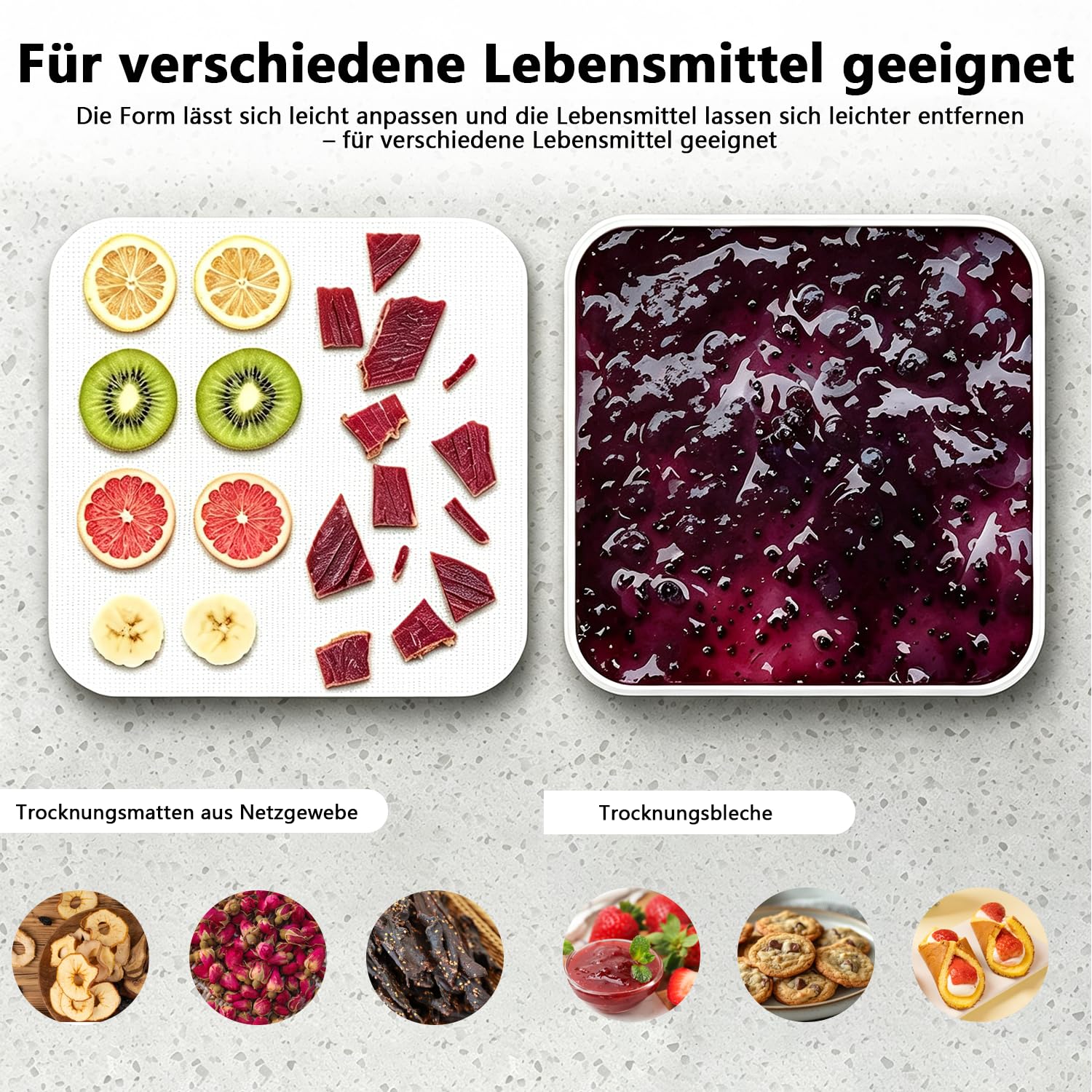 8er Silikon Dörrfolie & 8er Mesh Dörrnetz Set, Antihaft Dehydrator-Blätter mit Rand, BPA-Frei & Wiederverwendbar, Fruchtleder Matte für Dörrautomat, Flüssigkeiten, Kräuter, Fleisch, 28x28 cm