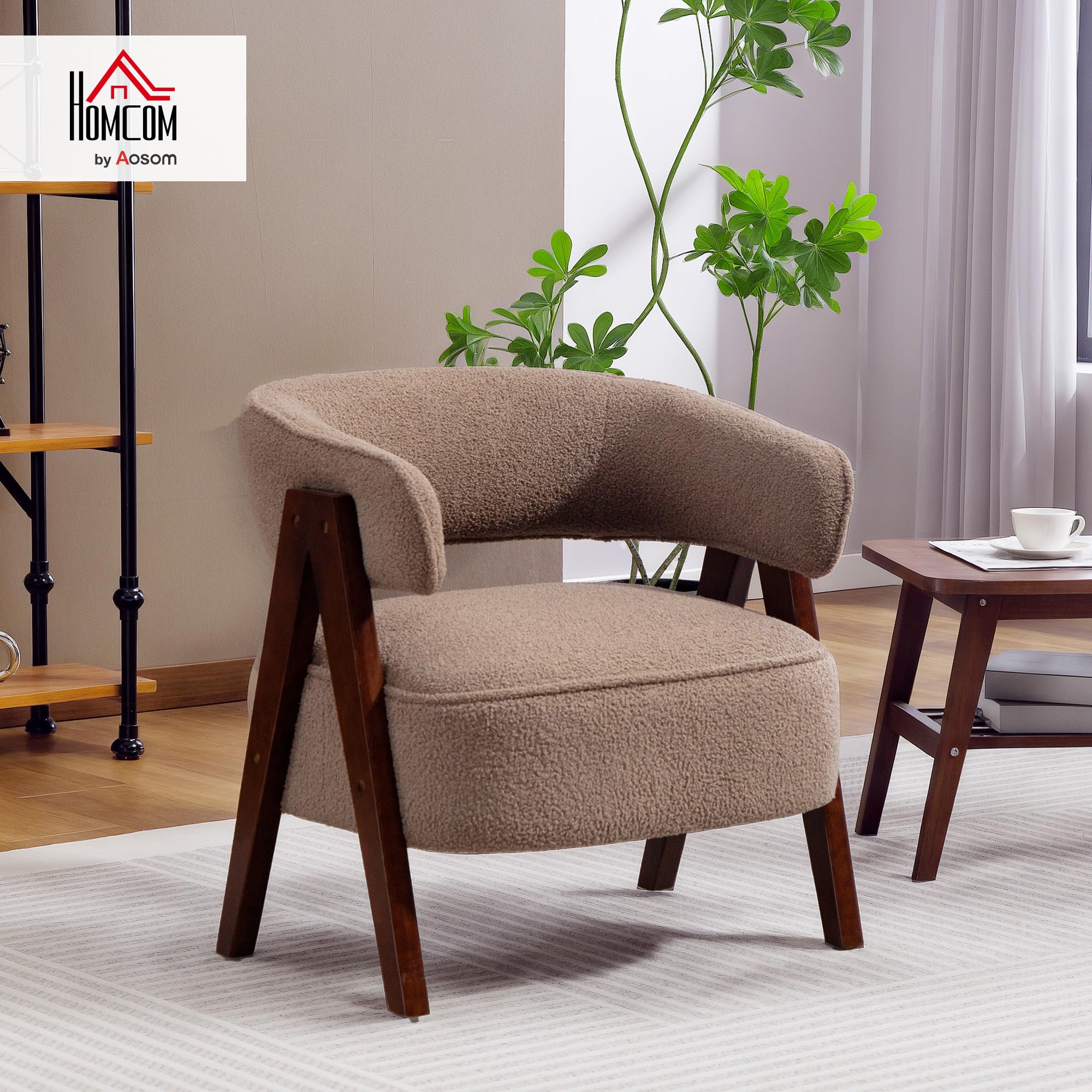 HOMCOM Butaca de Salón Tapizada en Borreguito, Sillón de Lectura Acolchado Grueso y Moderno, Asiento Ancho, Patas de Madera, Respaldo Curvado, para Dormitorio, Oficina, Marrón Claro