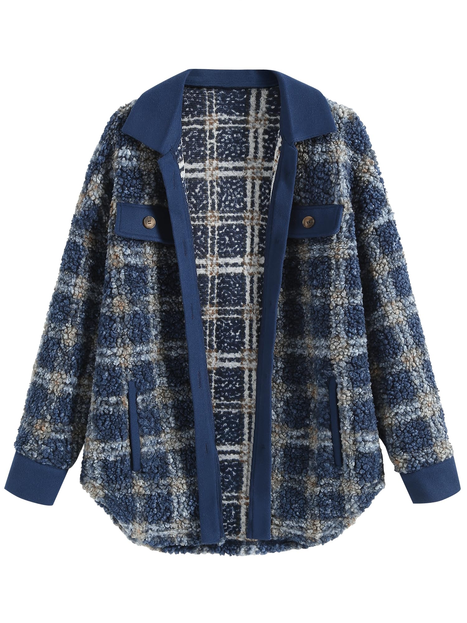 Zaful Womens Plaid Fleece Lined Hooded Jacket Button Up Oversized