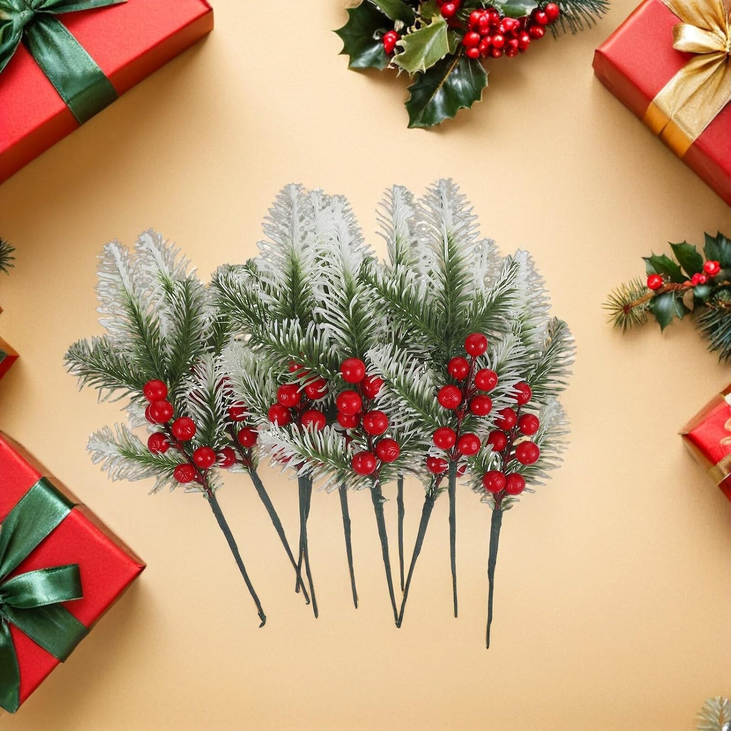 Alipis 20pcs Christmas Berries Stems and Faux Cedar Picks Artificial Pine Branches Spray White Leaves for Holiday Floral Arrangement Wreath DIY Christmas Decor