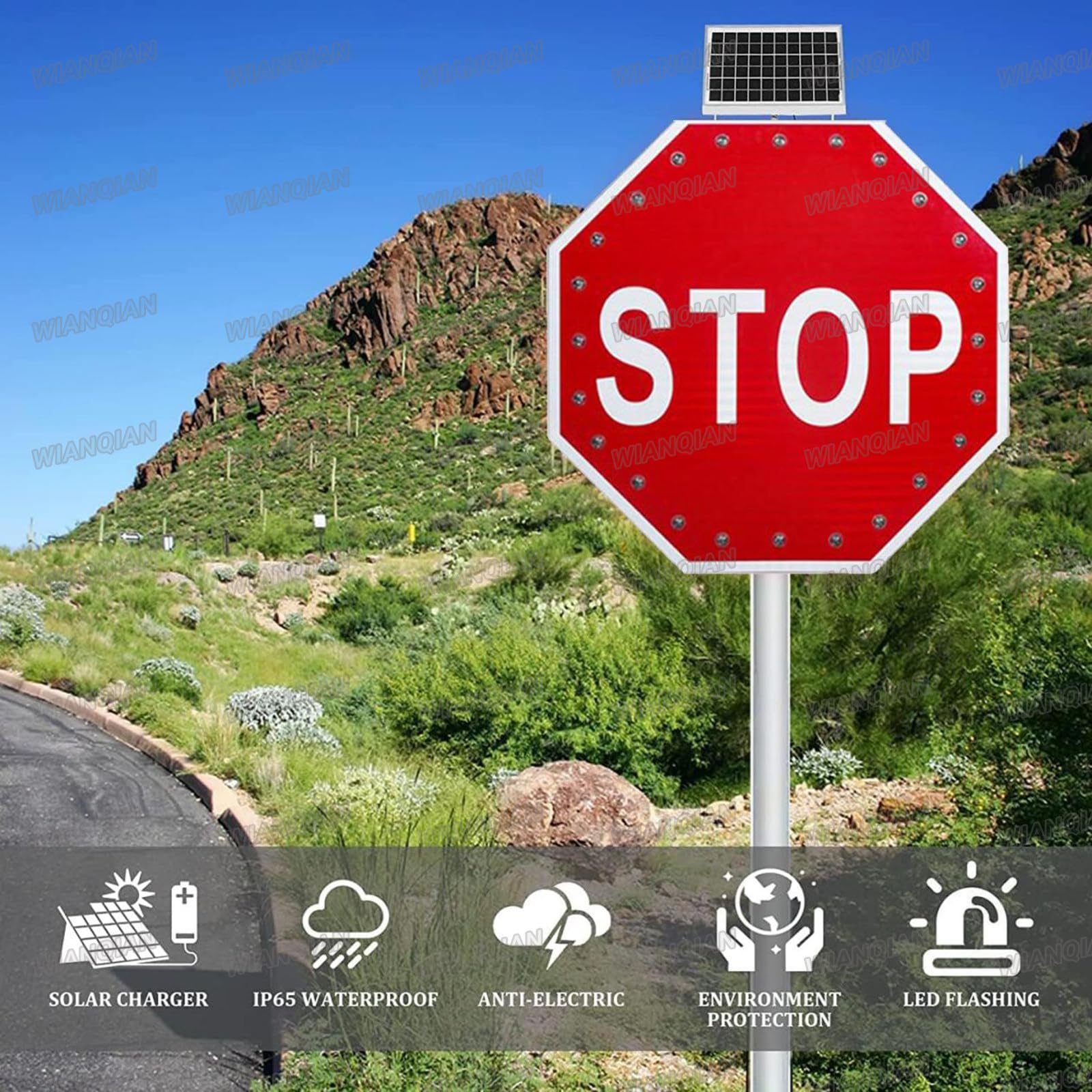 Cartel Stop LED Intermitente con Sensor Crepuscular | El sensor de luz puede activar el parpadeo del anochecer al amanecer; otra opción permite aviso continuo 24/7