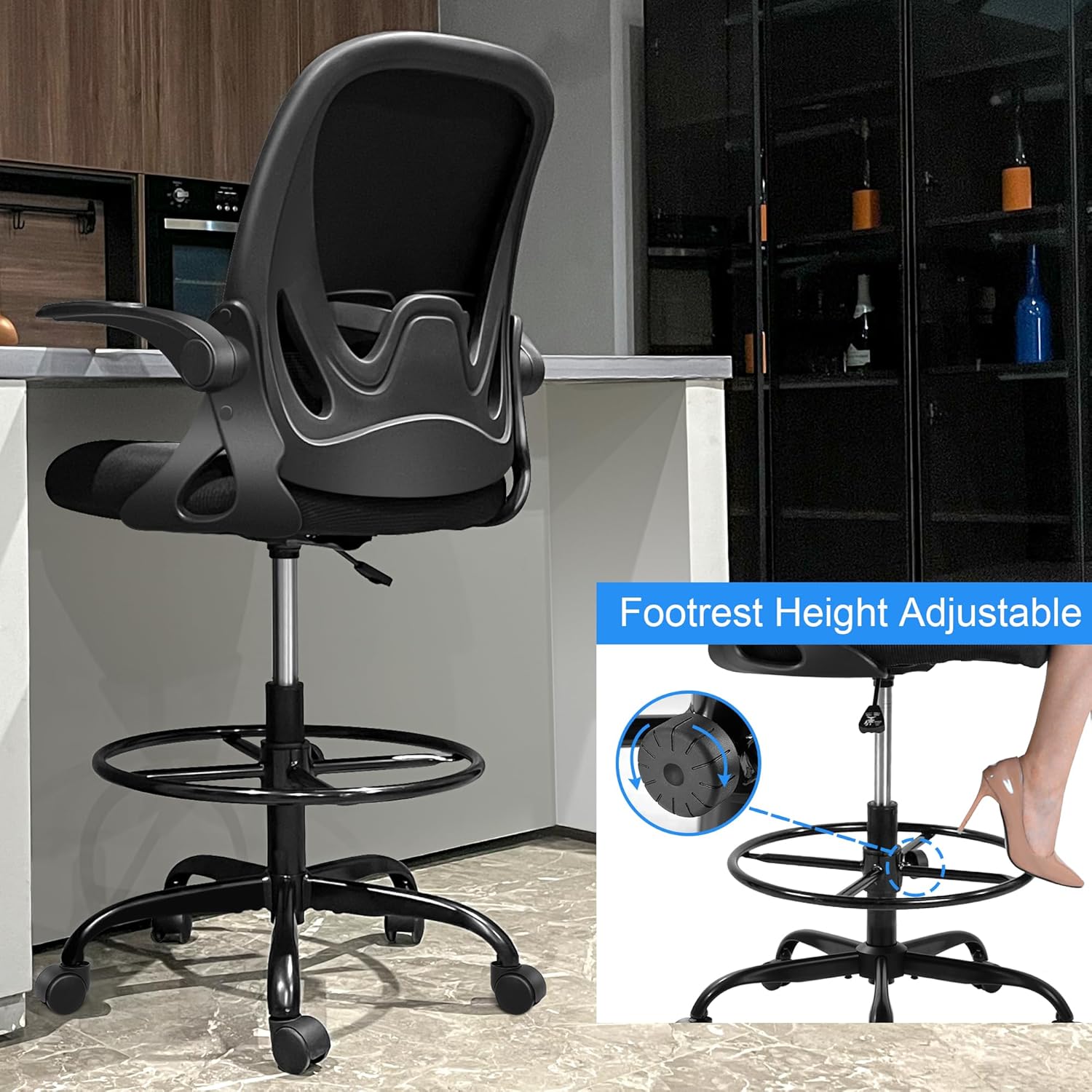 Primy Drafting Chair Tall Office Chair with Flip-up Armrests Executive Ergonomic Computer Standing Desk Chair with Lumbar Support and Adjustable Footrest Ring (Black) - Image 6