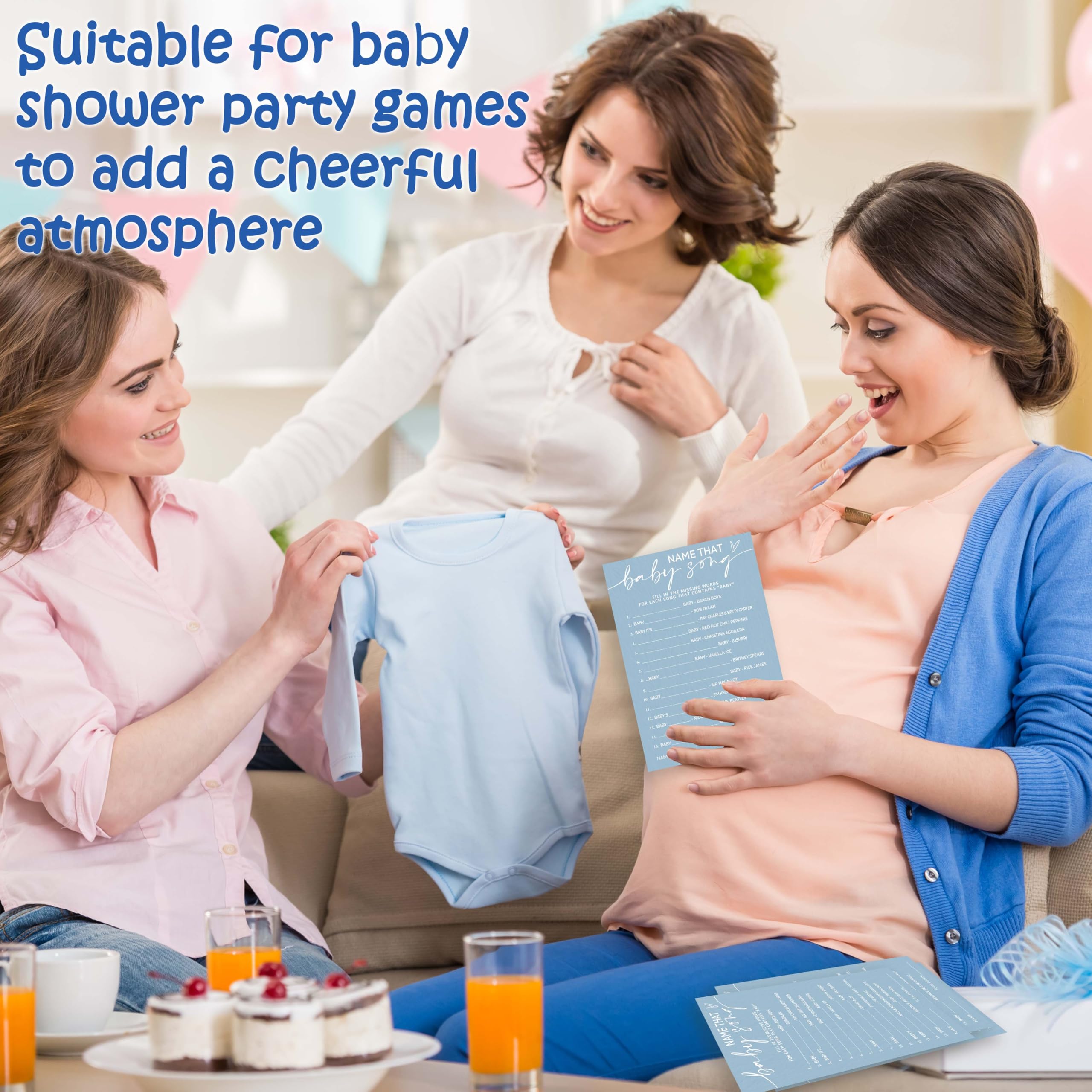 Gry na baby shower dla dziewczynki lub chłopca, 12,7 cm x 17,8 cm baby shower gry pomysły, niebieski minimalizm ujawnienie płci dekoracje imprezowe materiały - A11