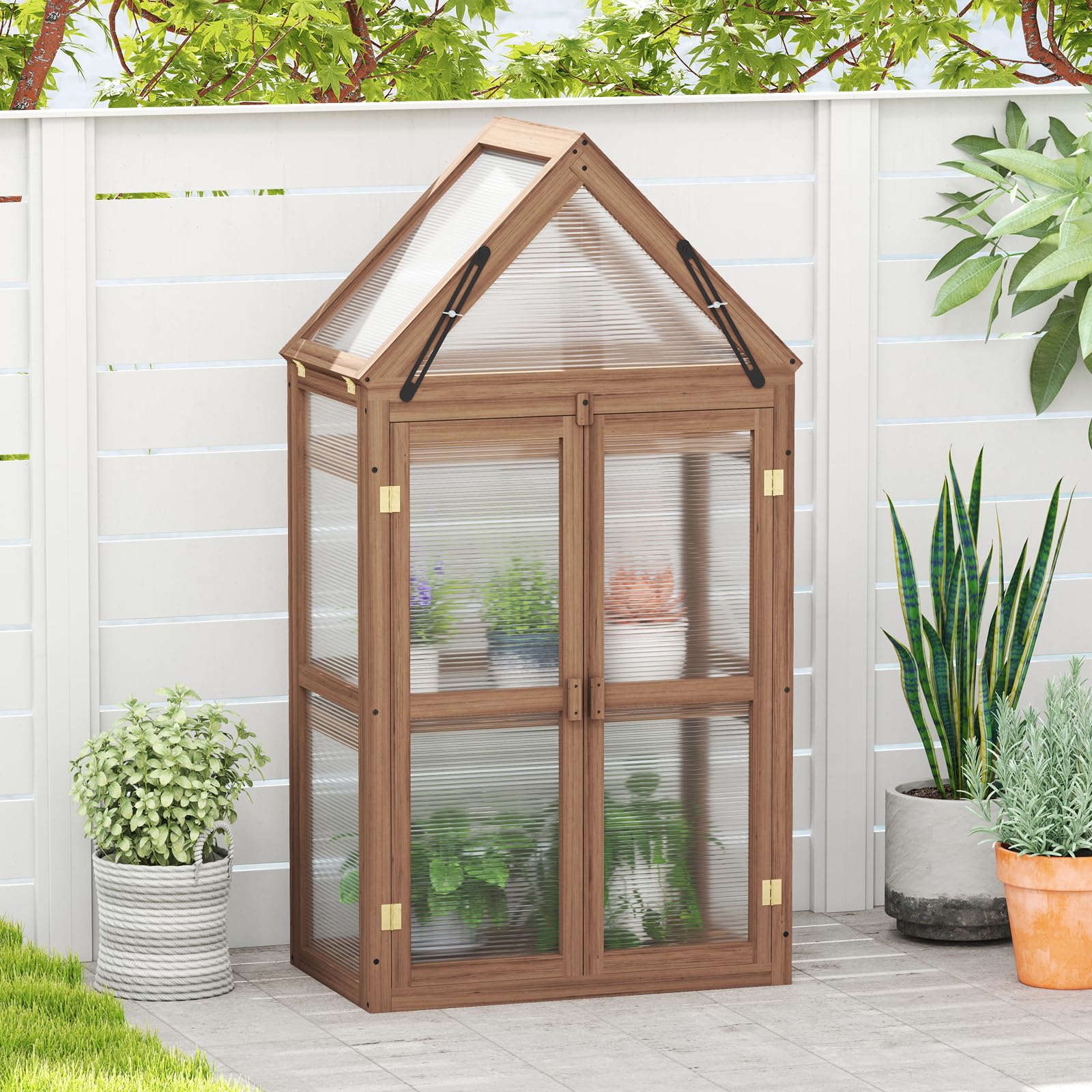 COSTWAY Frühbeet Mini Gewächshaus, 3-stöckiges Pflanzenbeet mit aufklappbarem Dach, Anzuchthaus mit 2 Türen, Treibhaus aus Holz & Polycarbonat, Aufzuchtschrank für Balkon Garten, Braun, 71x41x145cm