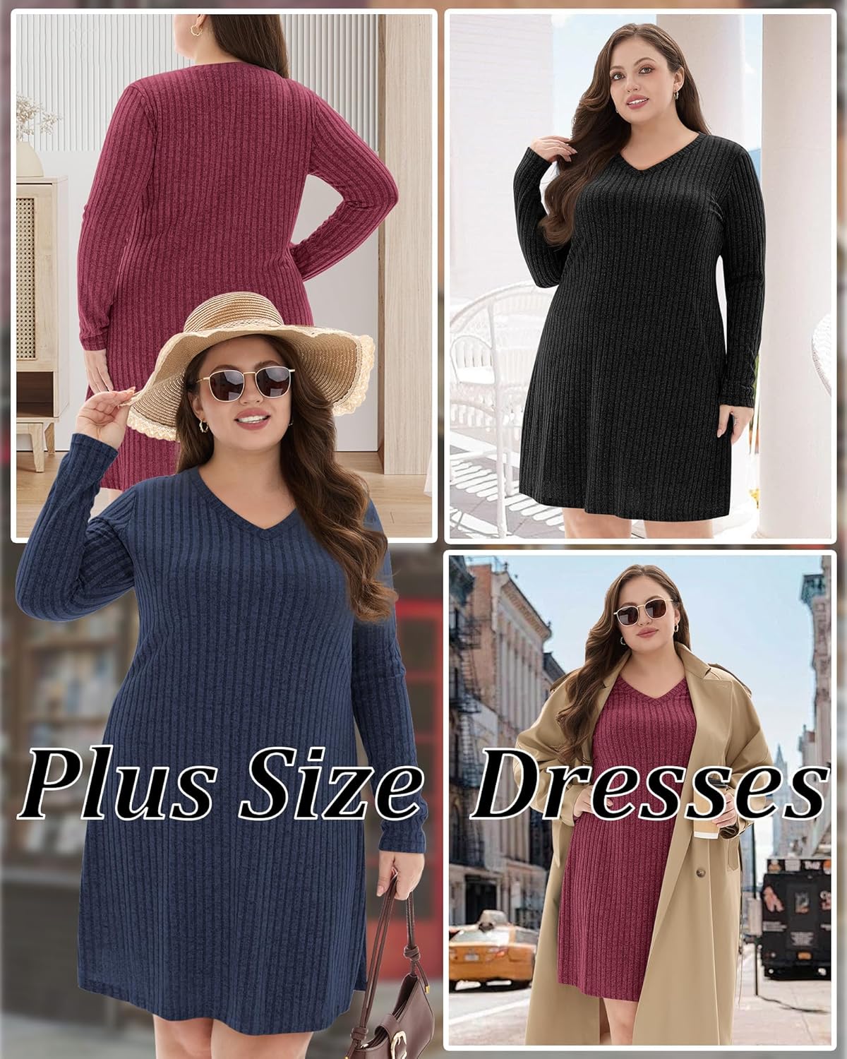 3 Pack Women's Plus Size Dresses Long Sleeve V Neck Ribbed Sweater Loose Casual Lighweight Dress for Curvy Women - Image 2