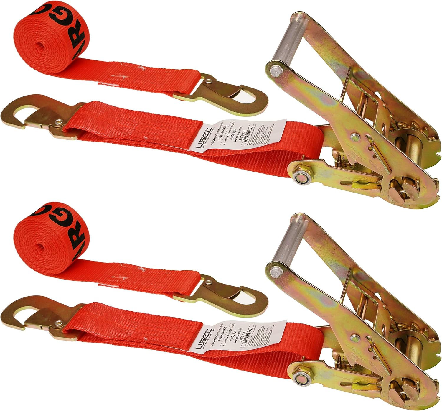 US Cargo Control Ratchet Straps with Snap Hooks, 2 Inch x 8 Foot (4-Pack), 6,000 LBS Break Strength, Car Tie Down Straps for Trailers, Red 2 Inch Ratchet Straps with Locking Hooks