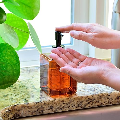 Miniatura 4 de Youngever Paquete de 5 botellas cuadradas de plástico ámbar, botellas de bomba de plástico recargables para dispensar lociones y champús (12.2 fl oz)