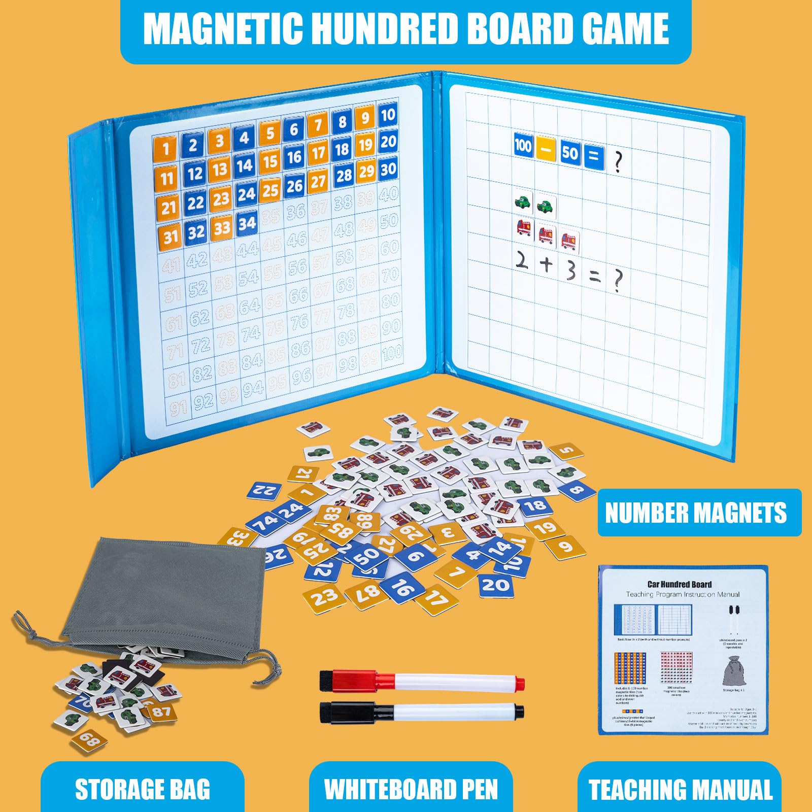 Magnetic Math Hundred Board 1-100 Numbers with 100 Cars Counters Educational Toys Montessori Math Counting Board Game for Preschool Boys Girls Age 3+