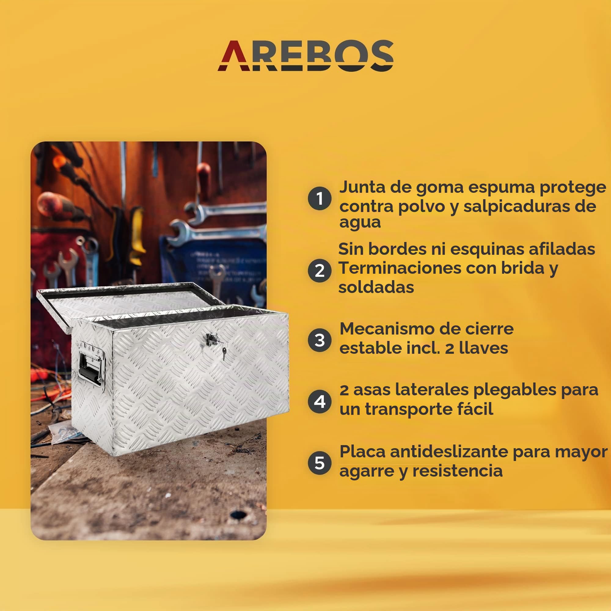 Arebos Caja de Aluminio Multiusos 60 x 25 x 30 | Caja Herramientas Alu Maleta | 40L | Resistente a la Corrosión | con Sistema de Cierre de Almacenamiento de Herramientas Maletín