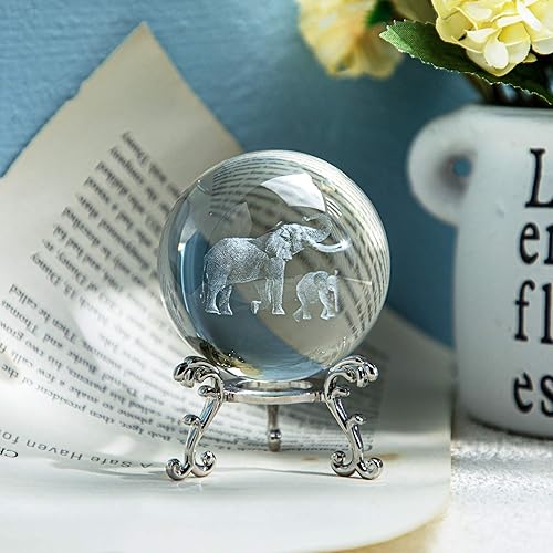 Miniatura 3 de HDCRYSTALGIFTS Figura de cristal de elefante láser 3D de 2.362 in de bola de cristal pisapapeles decoración de arte para el hogar manualidades