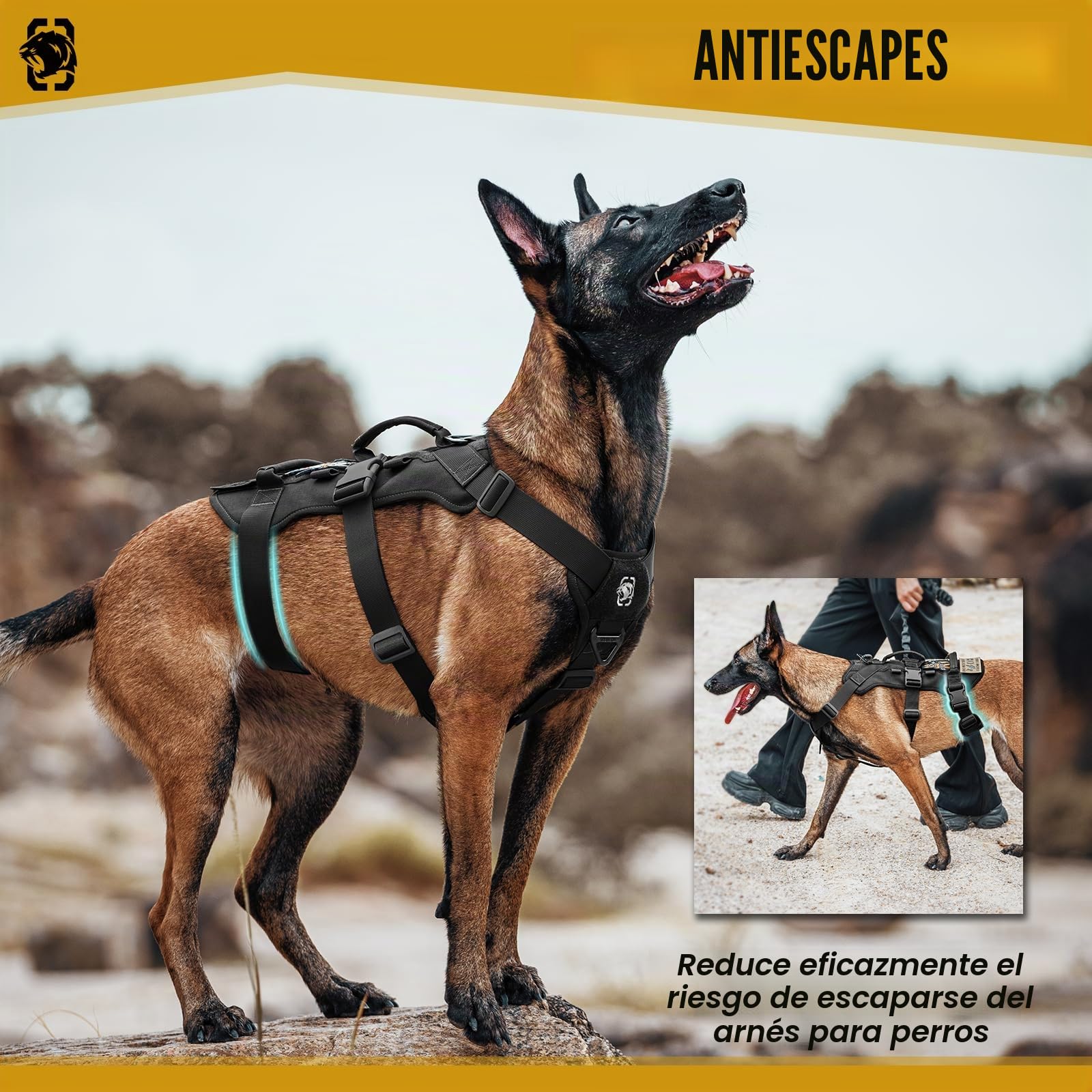 OneTigris Arnés para perros, T-Bone táctico con 2 asas, a prueba de fugas, arnés ajustable para perros, caza, senderismo, entrenamiento, paseo, actividades al aire libre (negro, XL)