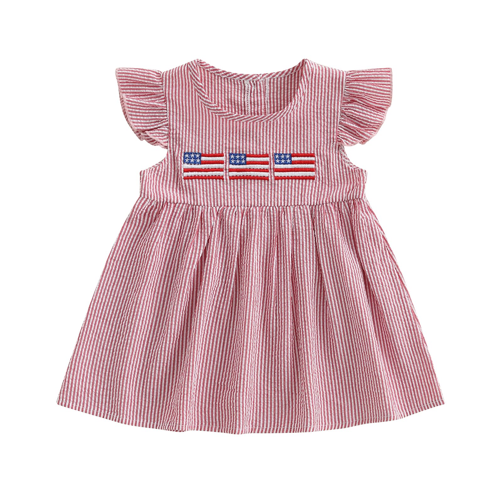 Thorn Tree Girls 4Th of July Dress Peter Pan Collar Puff Short Sleeve A-Line Outfits Flag Star Printed Dresses (US, Age, 6 Months, 12 Months, Red)