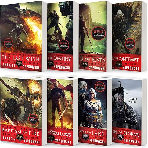The Witcher Series by Andrzej Sapkowski 9 Book Set: Complete 8 Paperback Novel books & A Grain of Truth (Graphic Novel Adaptations in Hardcover)
