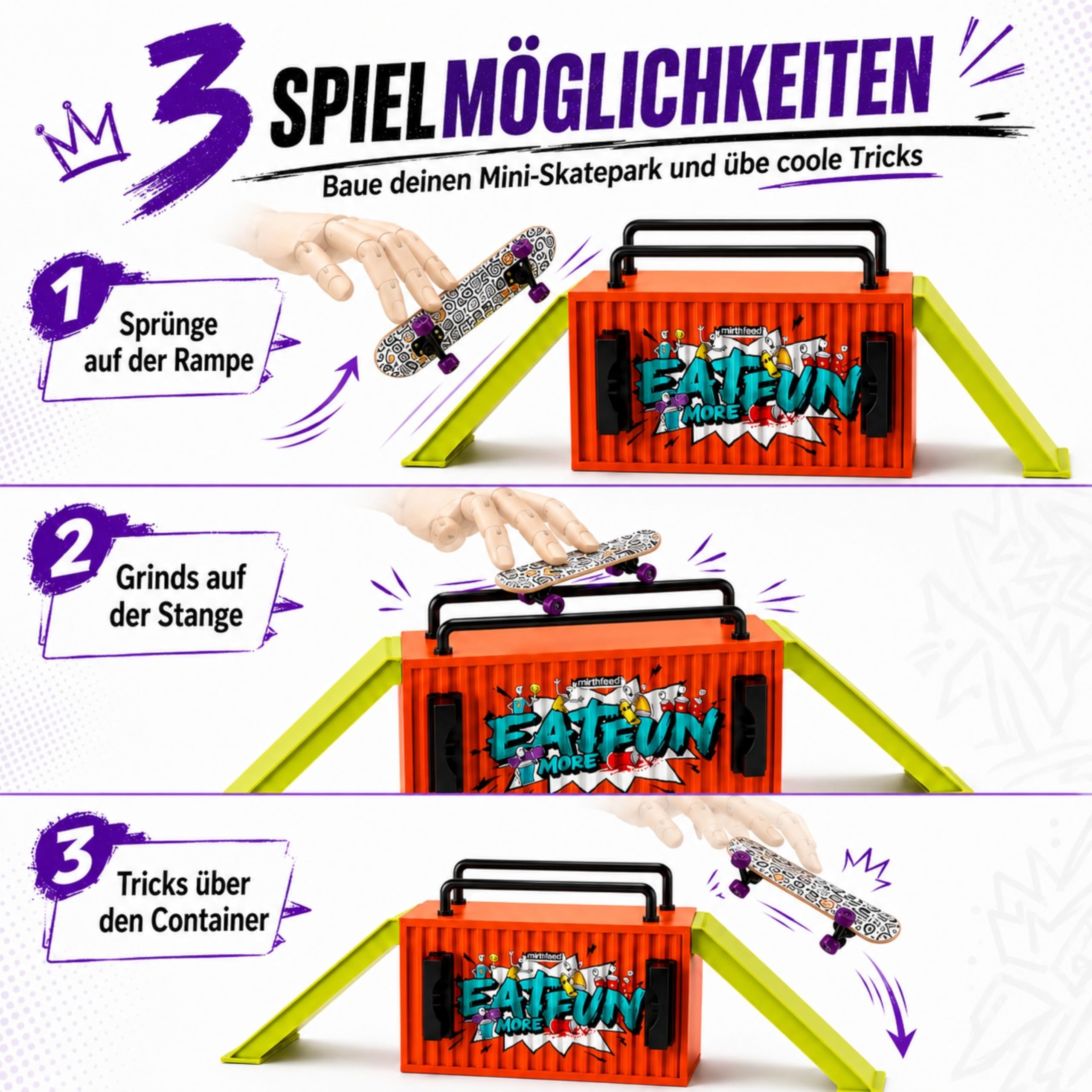 BIGH Fingerboard Container Finger-Rampe aus natürlichem Ahornholz, professionelles Fingerboard, Fingerskate, Fingerspielzeug, Geschenk, Skate Finger, Weiß
