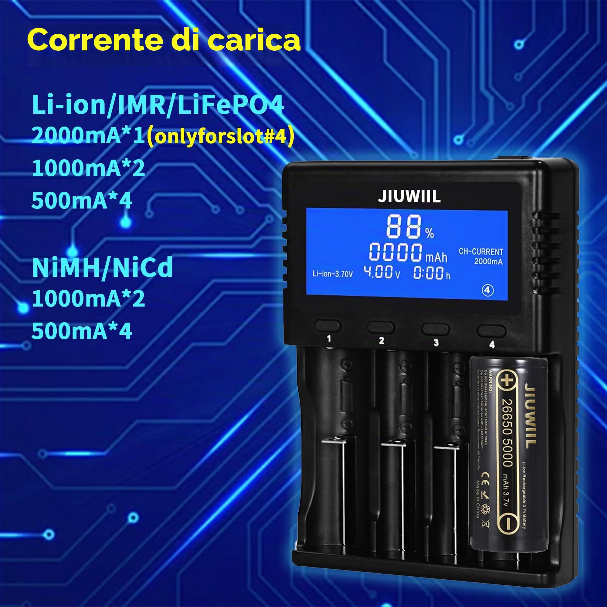 Caricabatterie 18650, Caricabatterie Universale a 4 slot con Display LCD per Batterie Ricaricabili Li-Ion 26650 17500 16340 (RCR123) 14500 10440 16340