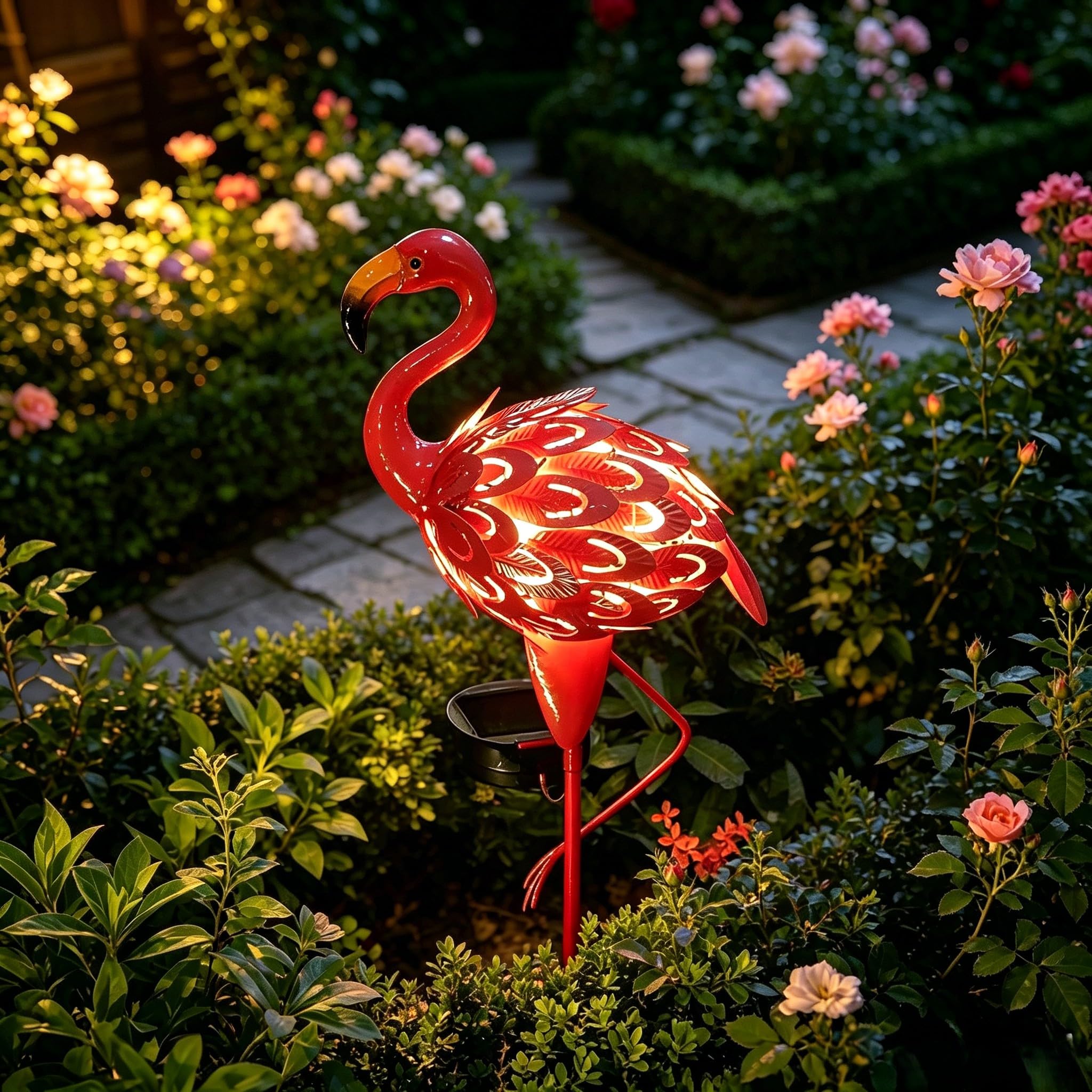 Lampade solari per esterni, fenicotteri, statuette da giardino, statuetta a energia solare, fenicottero, in metallo resistente alle intemperie, con supporto, fenicottero, per prato, cortile