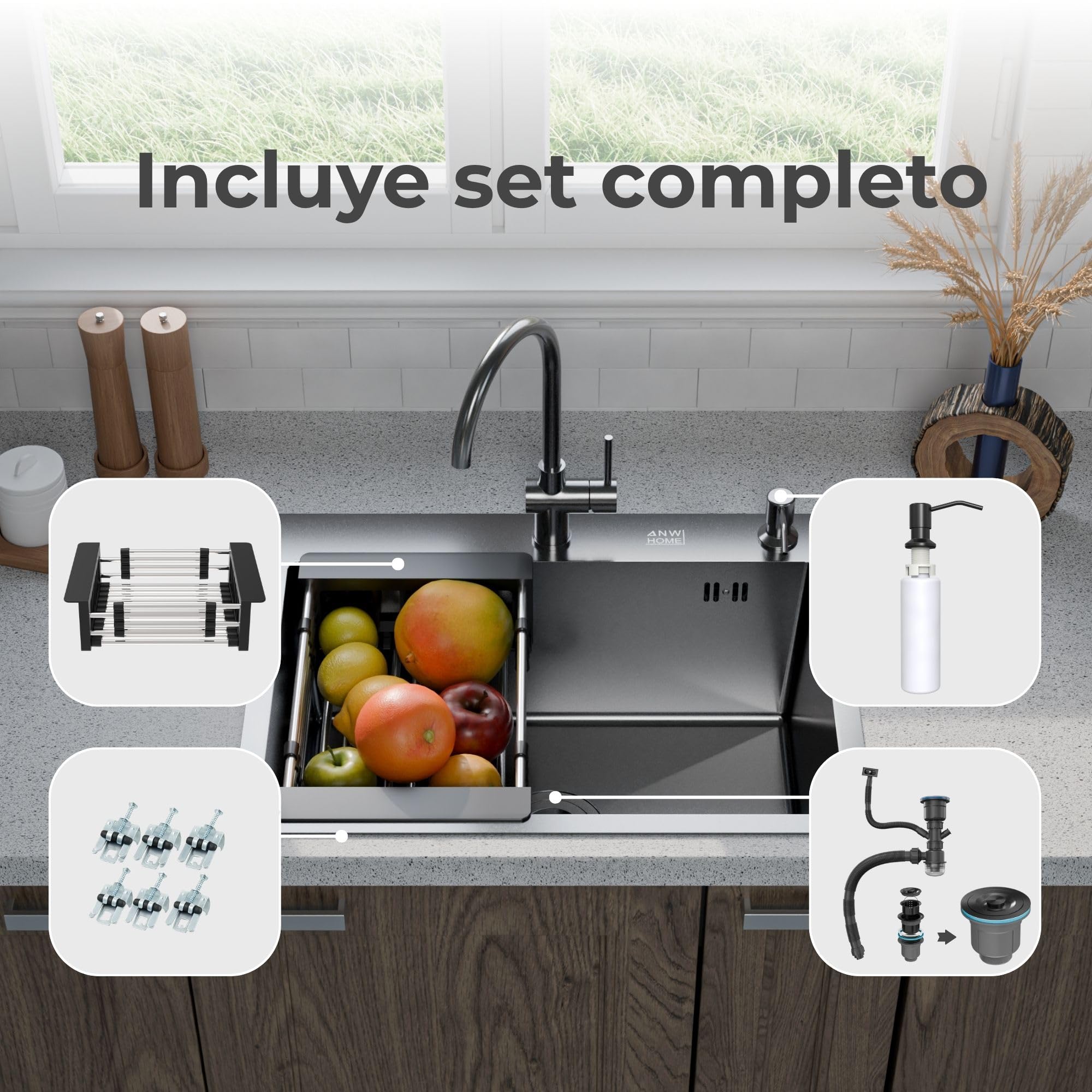 ANW HOME Fregadero Cocina 1 Seno, Acero Inoxidable 60x45 cm, Fregadero sobre Encimera Grafito PVD con Superficie Nano, Grosor 3,0+1 mm, con Sifón Dosificador de Jabón y Cesta