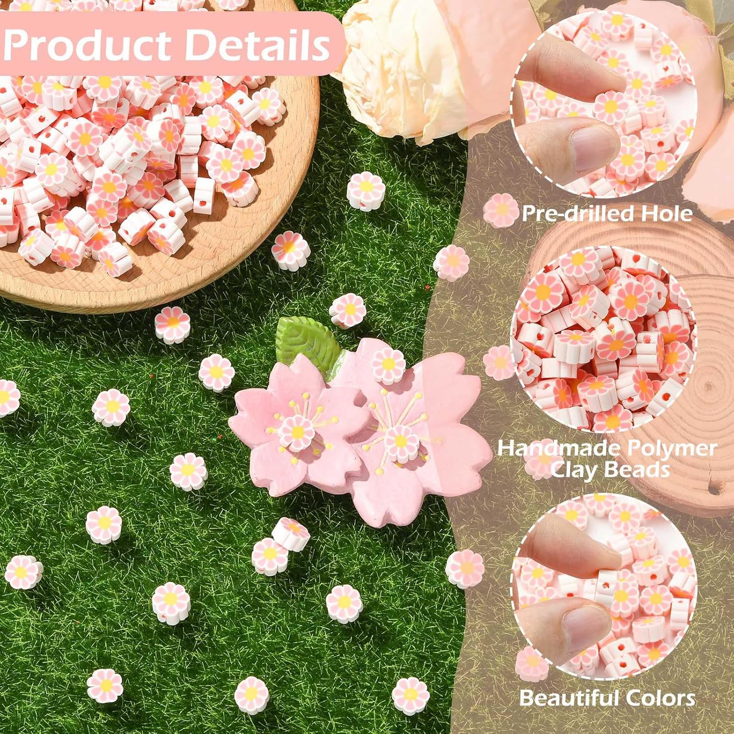 Stiesy 200Pcs Handmade Polymer Clay Flower Beads, 9mm Pink Floral Spacer Beads Bulk for DIY Jewelry Making, Bracelets, Necklaces, Craft Projects - Image 3