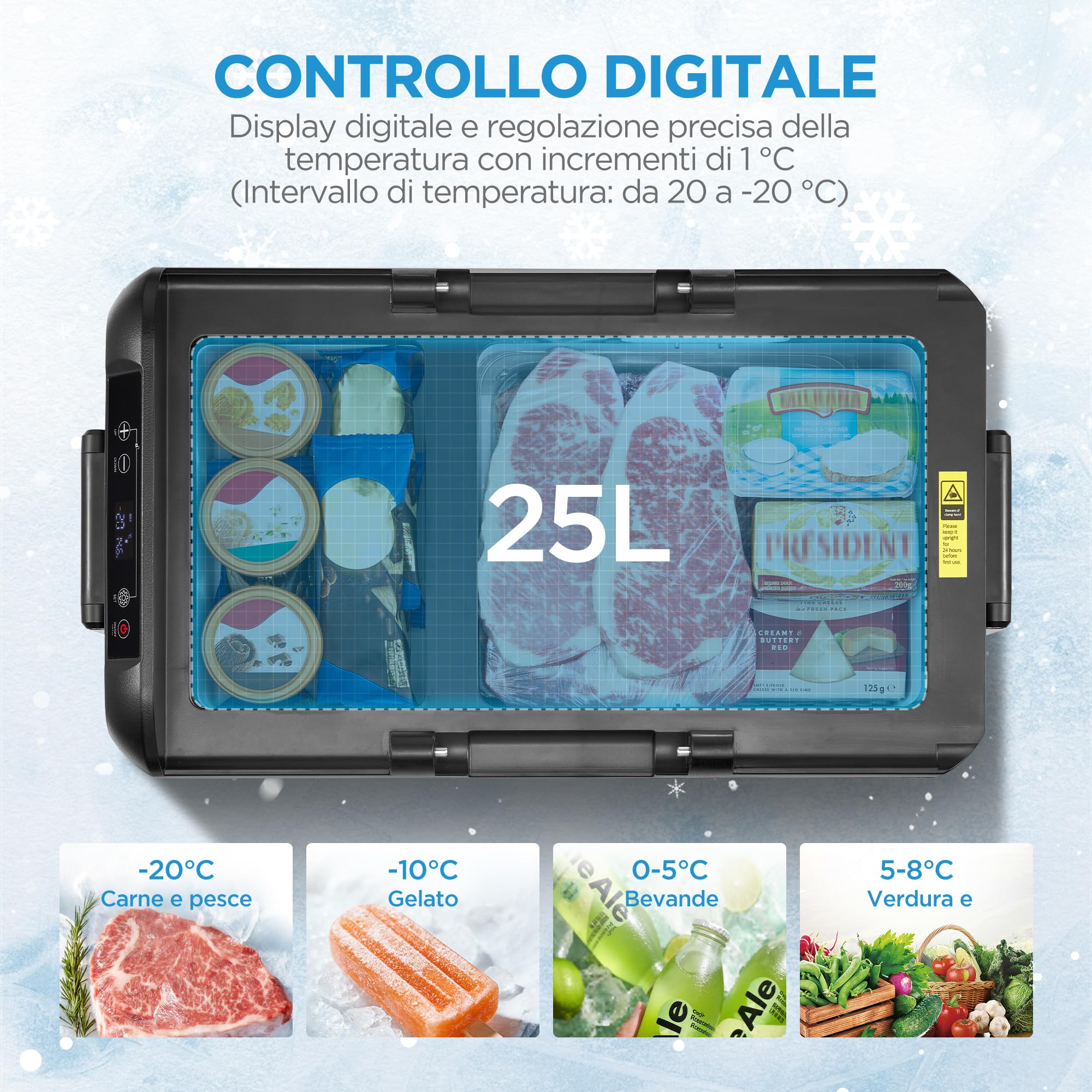 COMFEE' Frigo per Auto 25L, Frigorifero Portatile, Spina da 12V e 230V | Temperatura Regolabile - 20~20 ℃ con Schermo LCD, Prota a Doppia Anta Smontabile, per Camion, Camper, Barca, RCP25BL3EU(E)