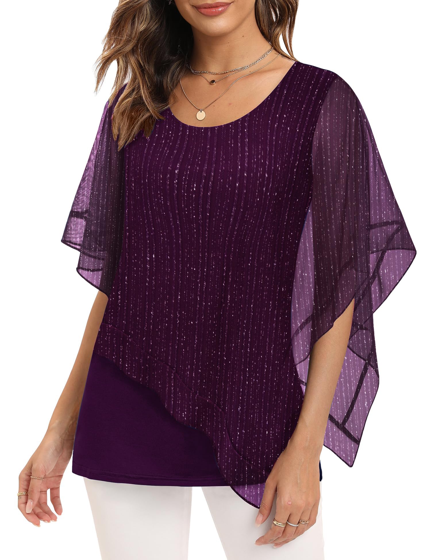 Women's Elegant Mesh Blouses Flowy Poncho Tops Dressy Casual Shirts-image-16