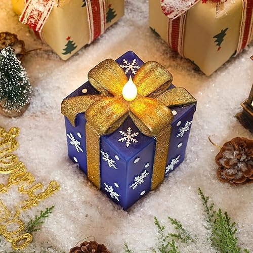 Miniatura 5 de Velas de Navidad sin llama que funcionan con pilas, caja de regalo pintada a mano azul con forma de cera real parpadeante, velas LED eléctricas con