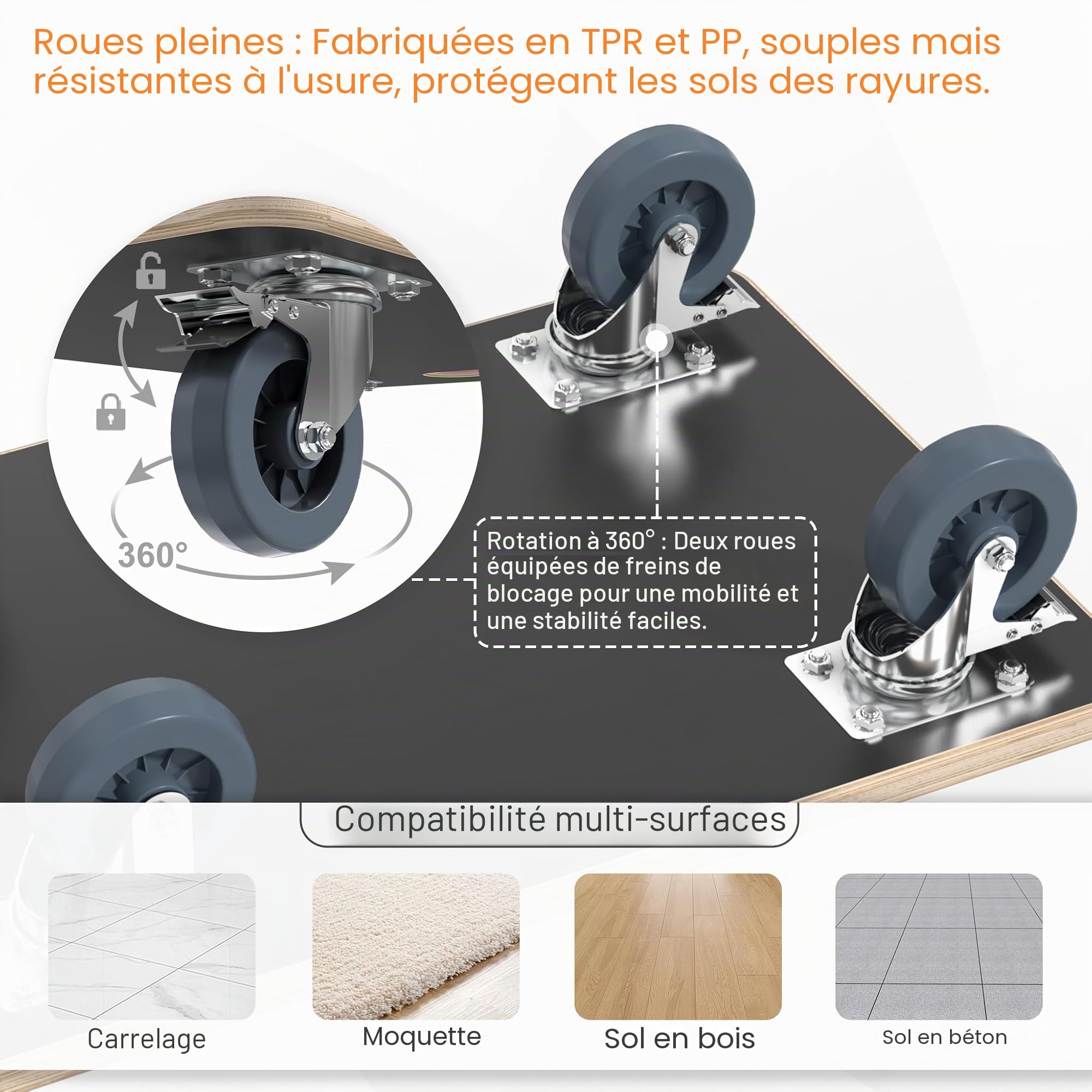 FIVMEN Lot de 2 planches de transport à roulettes de 60 x 40 cm pour meubles, roues avec frein, déménagement, meubles, jusqu'à 200 kg