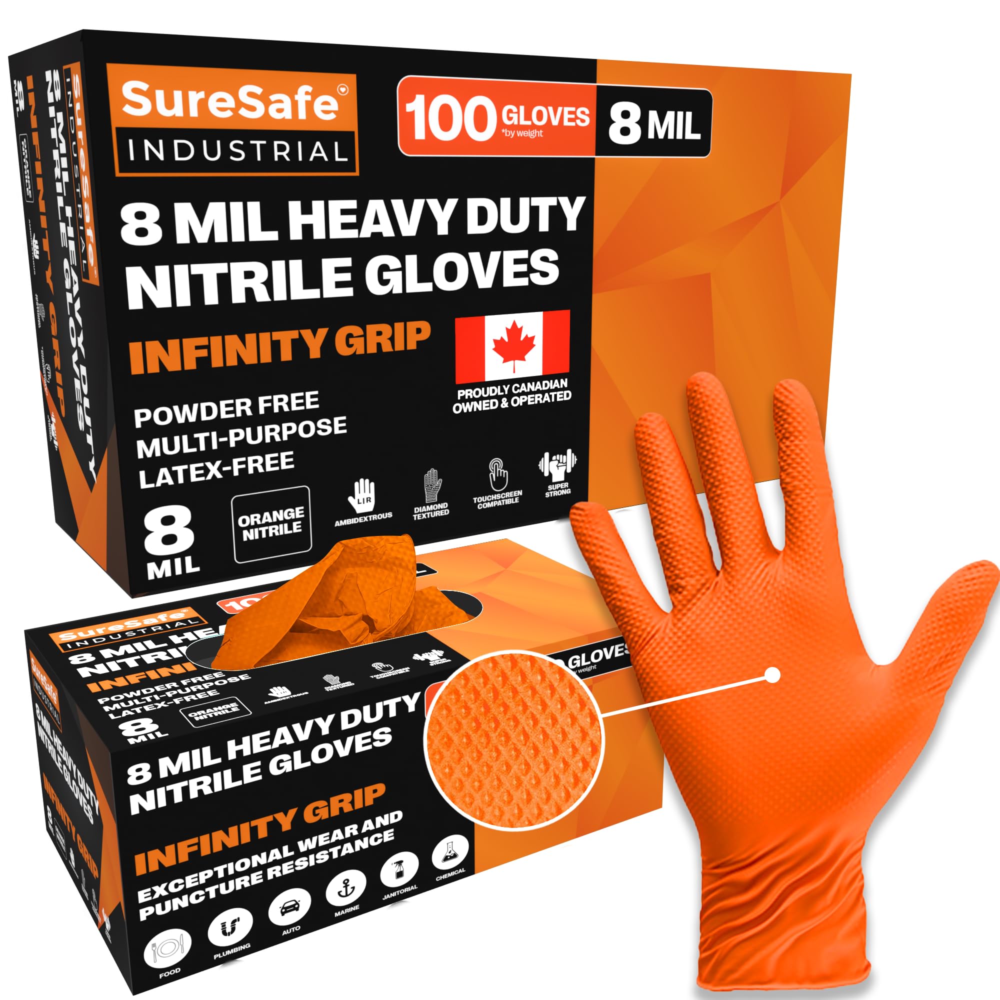 SURESAFE Industrial Grade Disposable gloves (M-XXL), 8 Mil Orange Nitrile Gloves, Food Grade Gloves, Mechanics Gloves