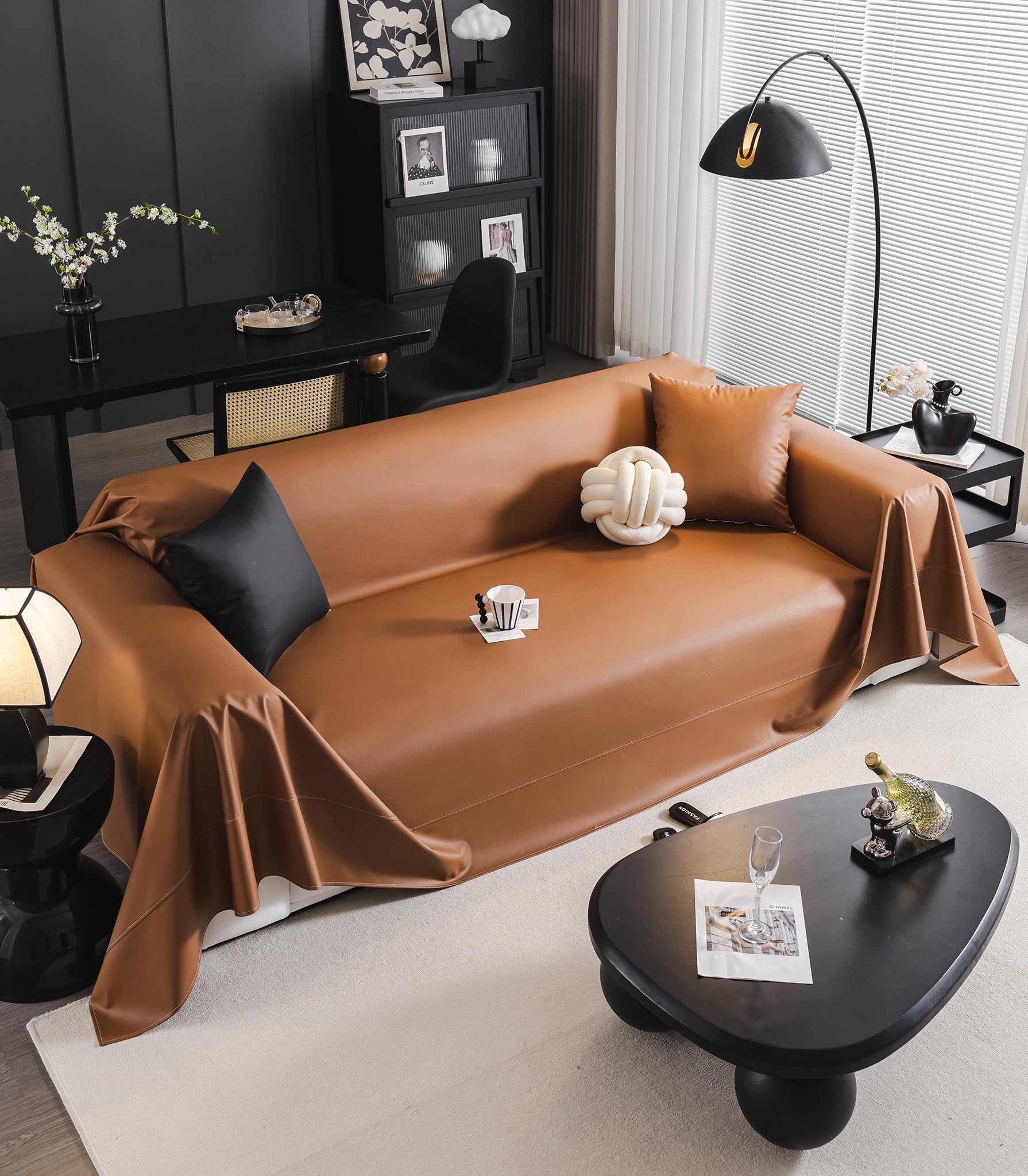 Meicynhoger Copridivano Antimacchia Impermeabile 420x180 cm - Fodera per Divano in ​​Pelle Sintetica Antistrappo per Casa e Decorazione (Marrone Chiaro, 4 Posti)