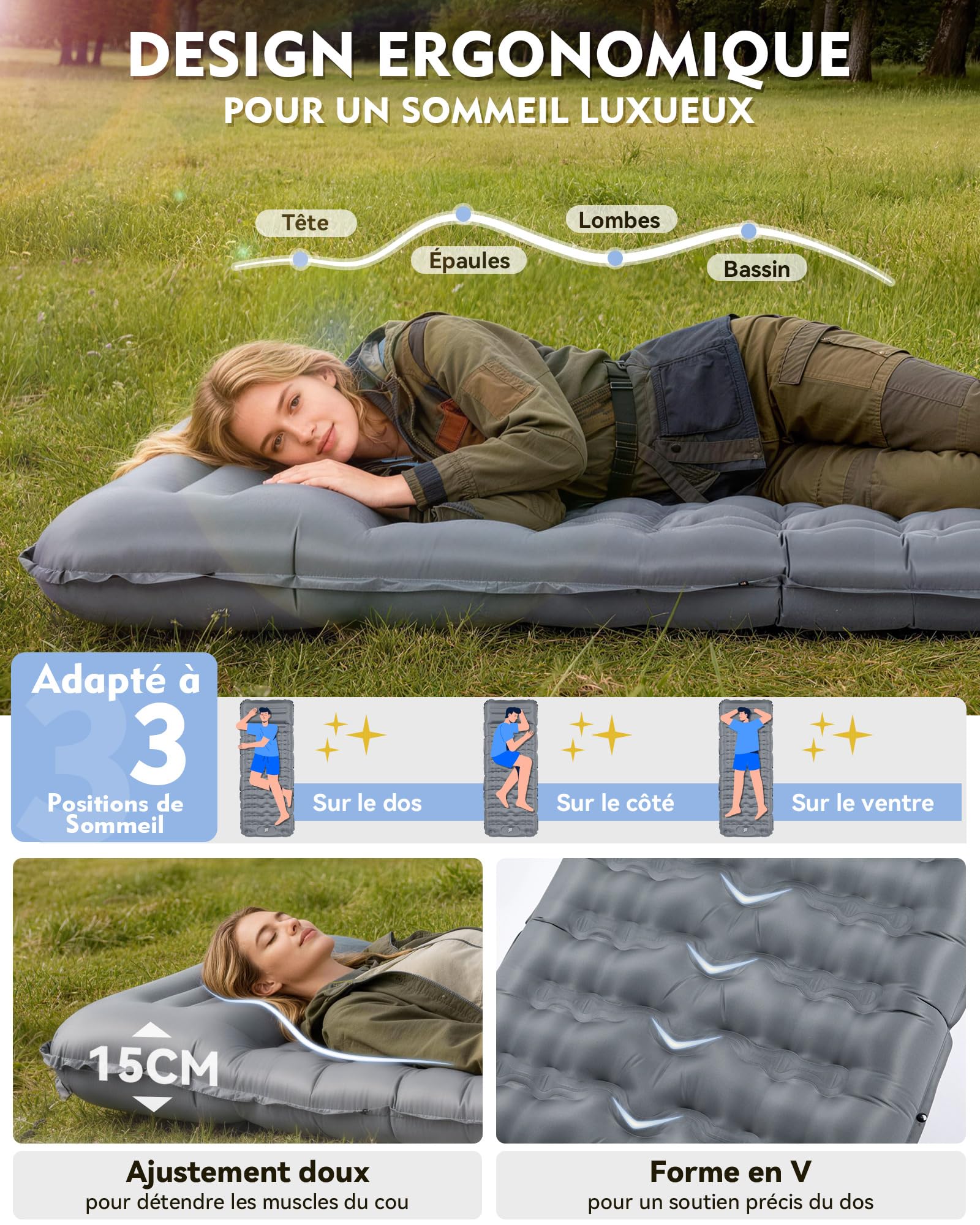 Matelas Camping Autogonflant 1 Personne 12 cm HIKENTURE avec Oreiller Intégré et Pompe à Pied - Gris