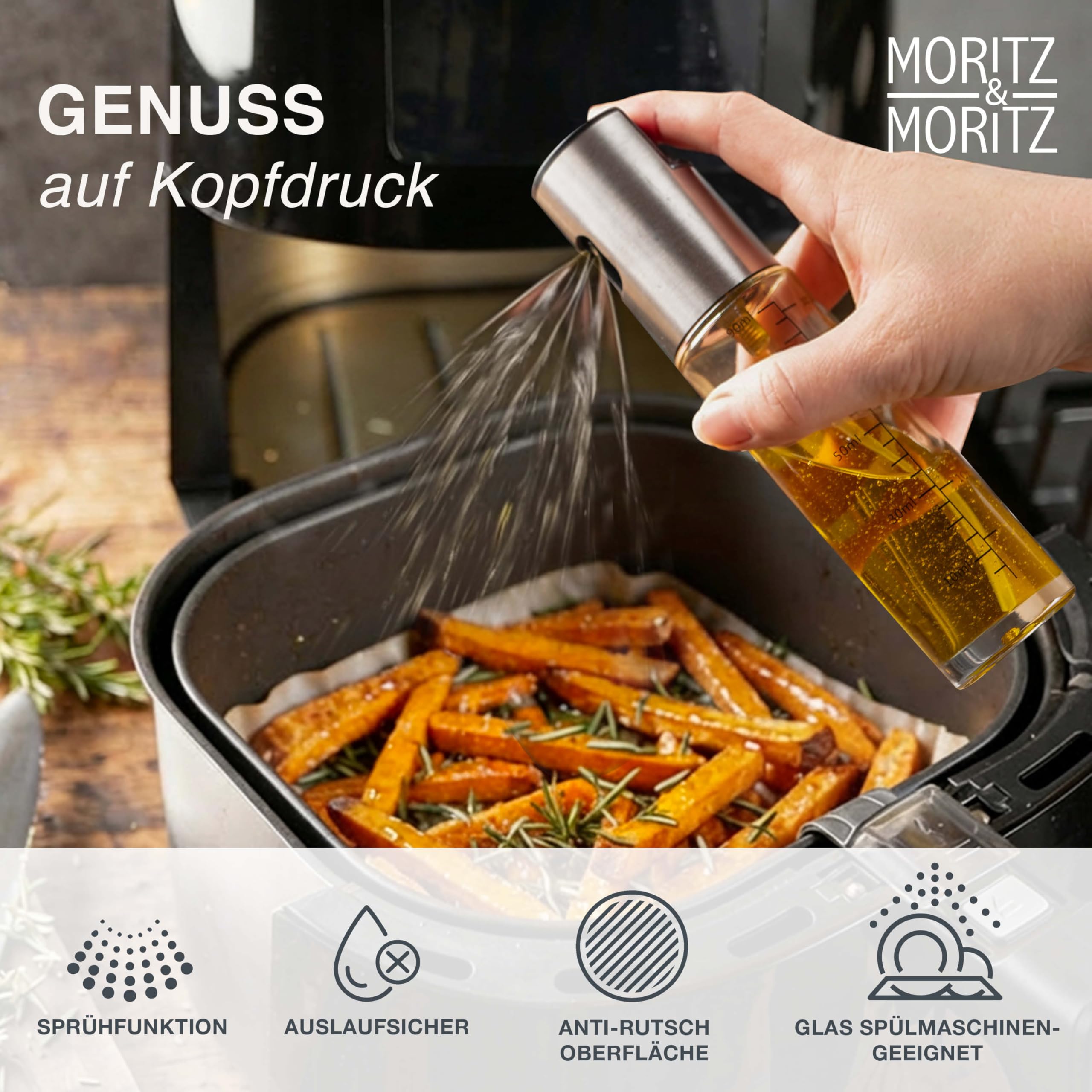 Moritz & Moritz Opryskiwacz do oleju 90 ml – kompaktowa butelka ze szkła z rozpylaczem oleju do kuchni, grilla i frytkownicy – nadaje się do oleju, octu, wody i sosu sojowego – ze szczotką i