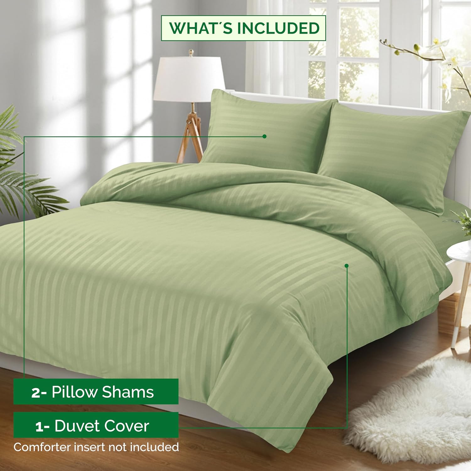 Elegant Comfort Luxury 3-Piece Striped Duvet Cover Set! - 1500 Premier Hotel Quality Silky-Soft Wrinkle Resistant Damask Stripe Duvet Cover Set, Full/Queen, Sage/Green