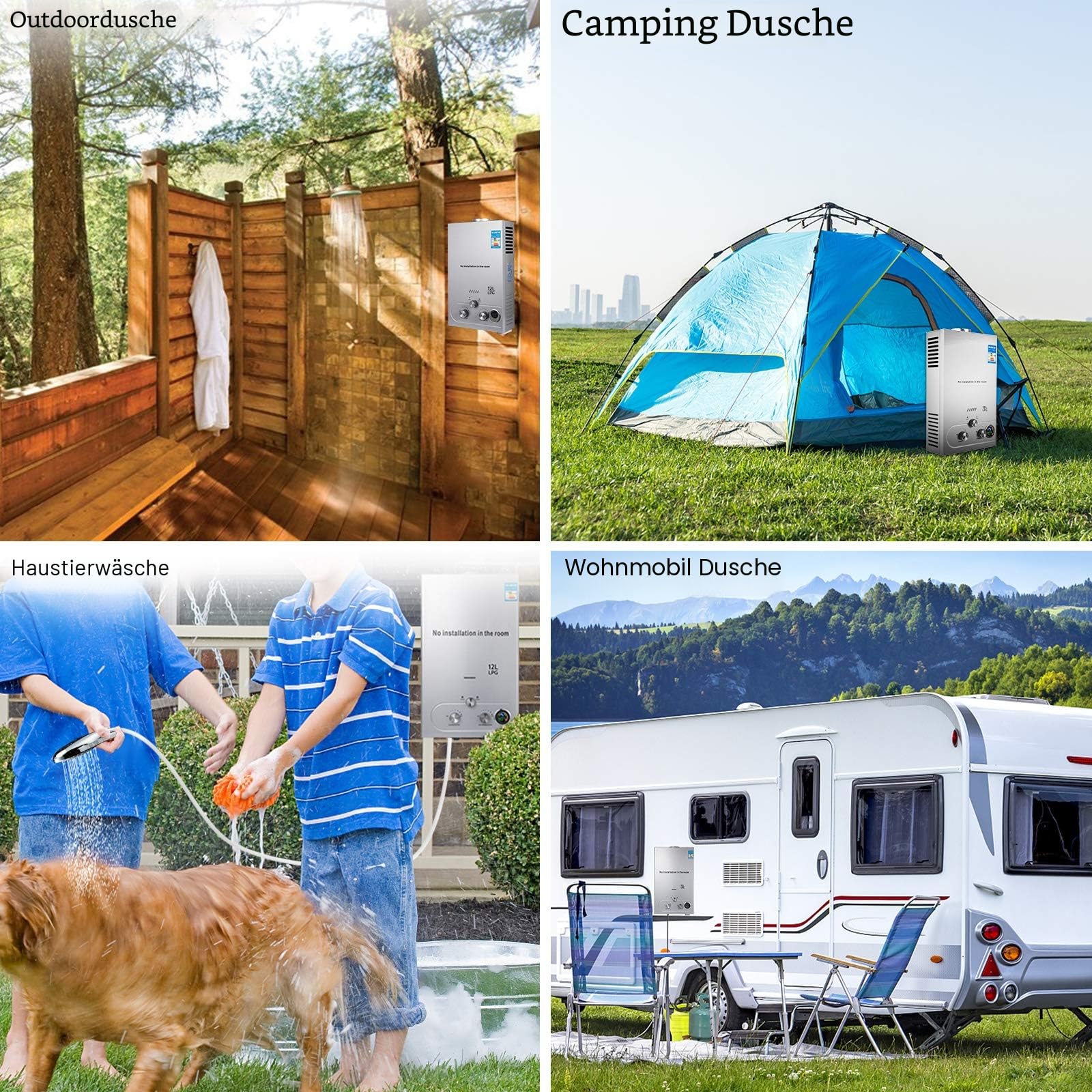 Gas-Wassererhitzer, 16 L/min 32 kW tragbarer wasserloser Durchlauferhitzer, sofortiger Propangas-Wassererhitzer mit digitalem Display und mehrfachem Schutz für Camping- und Wohnmobilreisen (16 L)