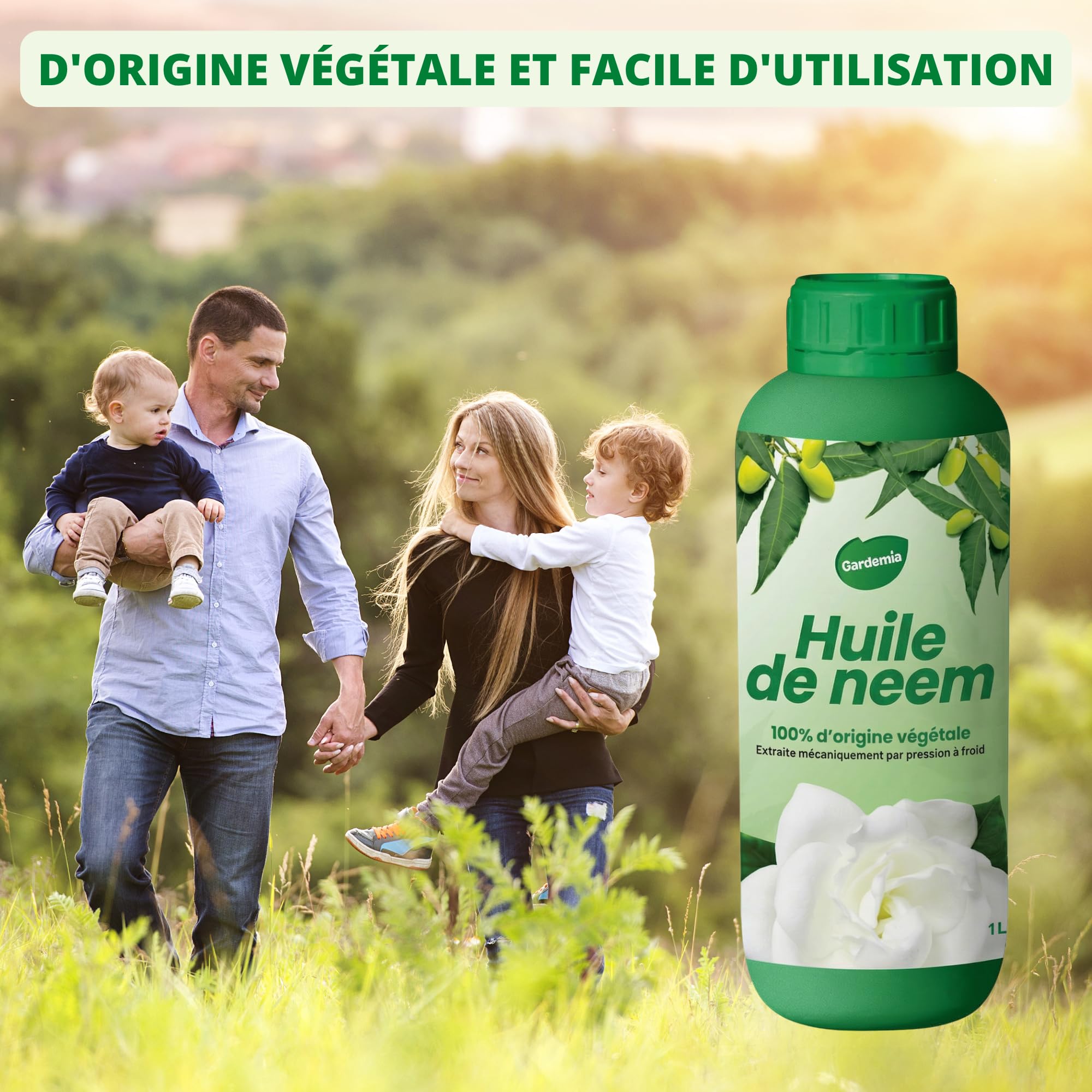 Gardemia Huile de Neem avec Émulsifiant 1L miscible à l'eau 100% d'origine végétale extraite mécaniquement par pression à froid des fruits du Néemier