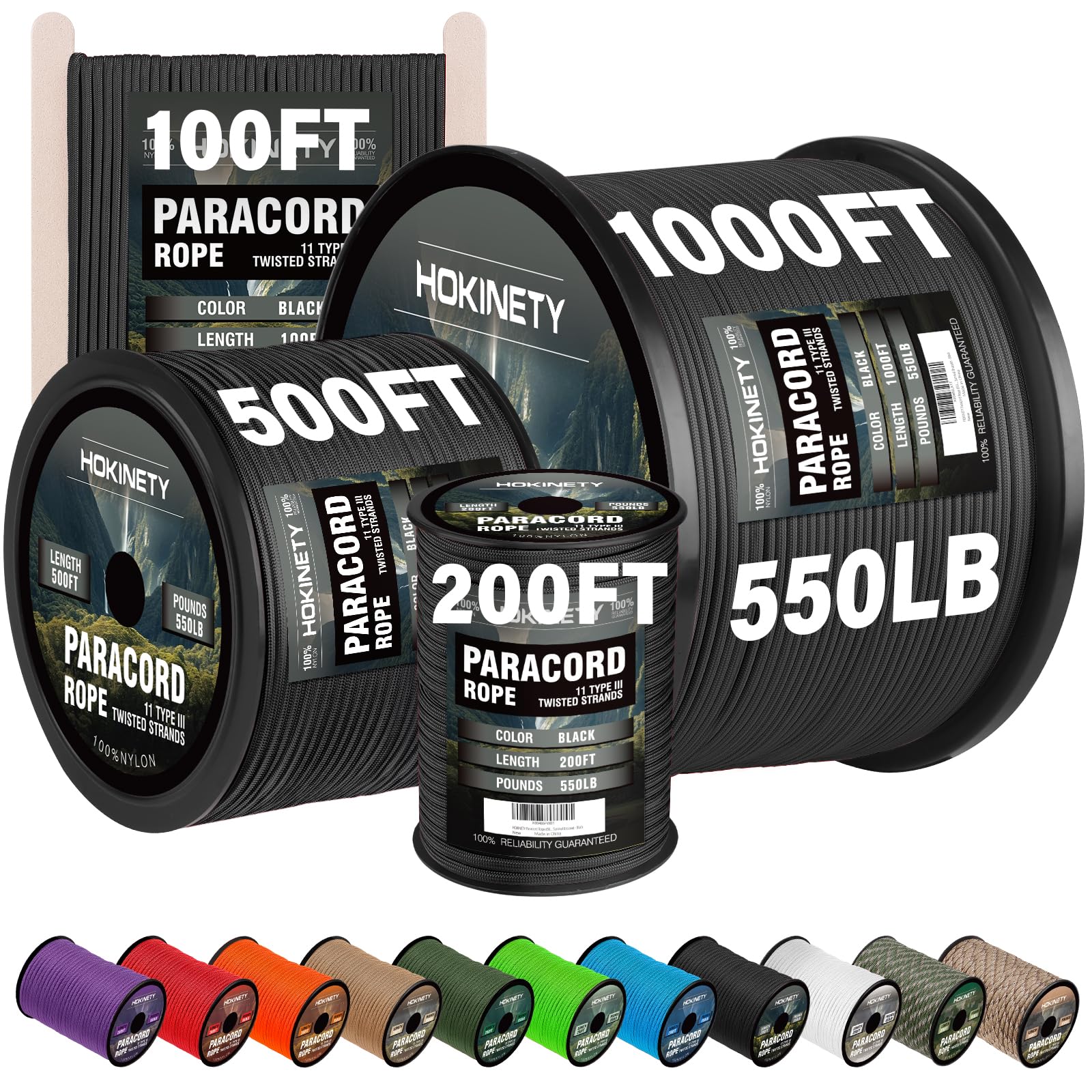 Paracord Rope 550 lb - 4MM 100ft / 200ft / 500ft / 1000ft Heavy-Duty Parachute Spool para Cord Lanyard - Outdoor Gear for Tent, Camping, Clothesline, Hiking, Fishing, Survival Bracelet