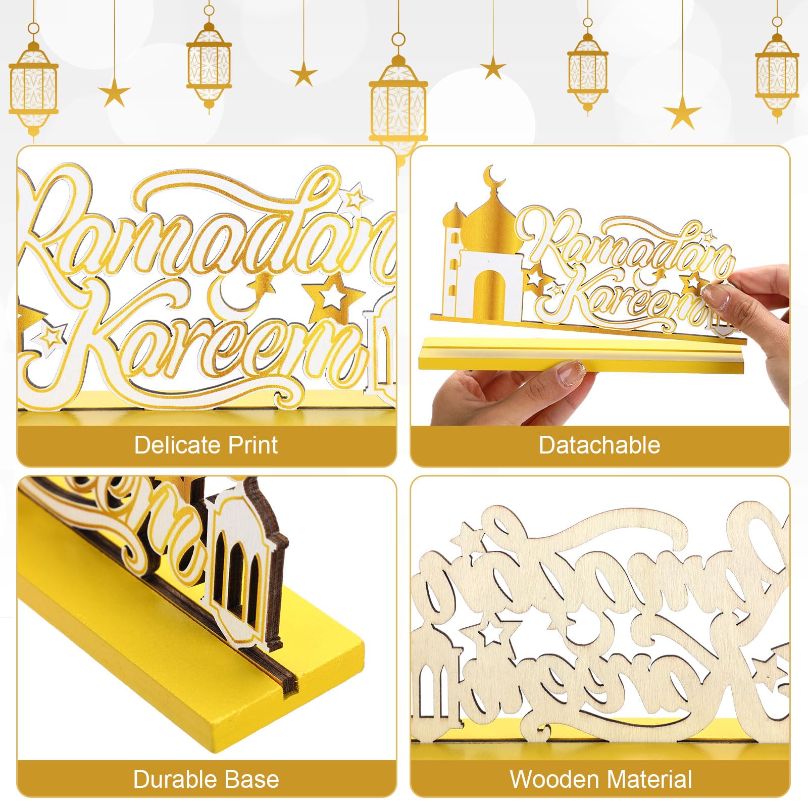 Blulu 4 Pcs Ramadan Mubarak Table Centerpiece Decorations Eid Mubarak Kareem Tiered Tray Muslim Wood Signs Table Decor Al-fitr Gold Detachable Tabletop Supplies for Home Kitchen Eid Al Fitr Party