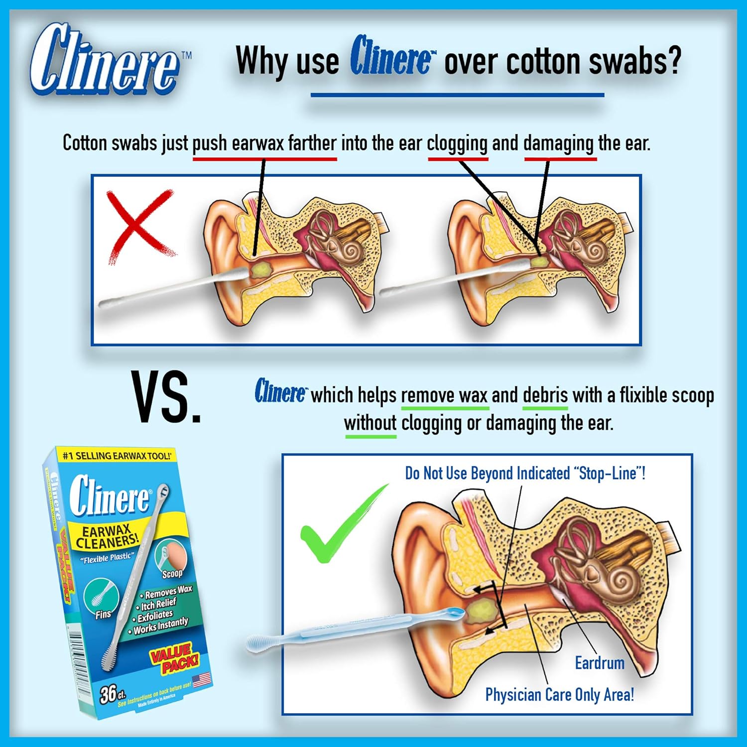 Clinere® Ear Cleaners Club Value Pack, 36 Count Earwax Remover Tool Safely and Gently Cleaning Ear Canal at Home, Ear Wax Cleaner Tool, Itch Relief, Ear Wax Buildup, Works Instantly, Earwax Cleaners : Health & Household
