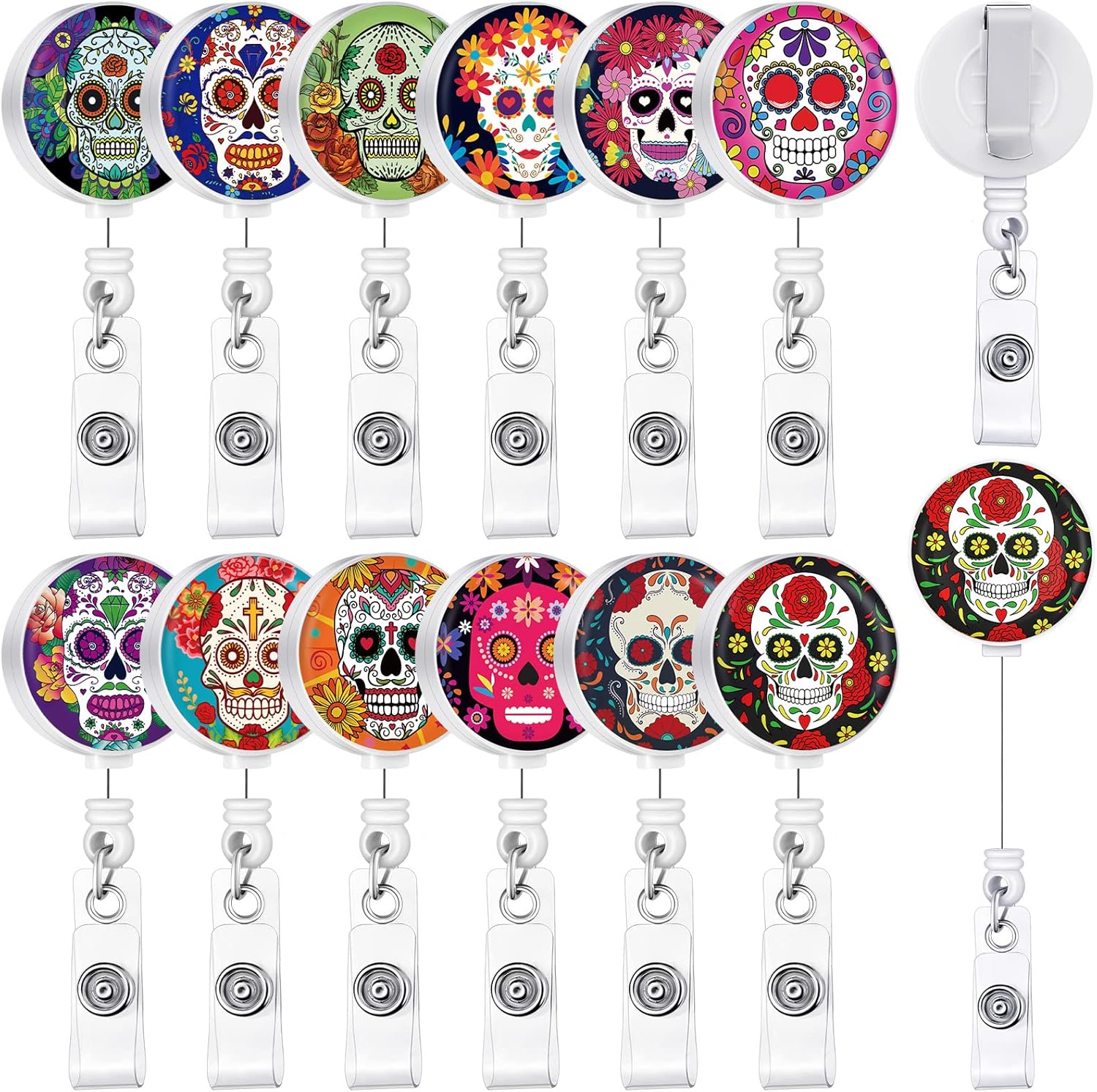 12 Pcs Sugar Skull Badge Reel Day of Dead Badge Reel ID Badge Holder Clip Skeleton