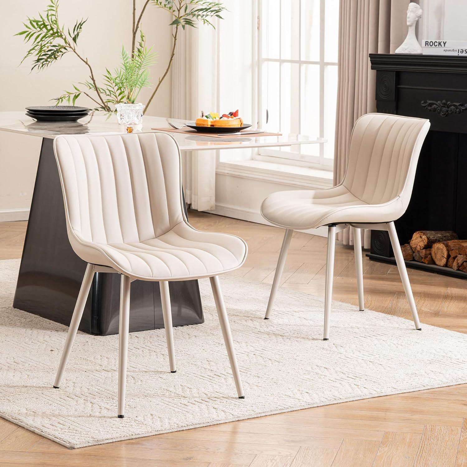 YOUNUOKE Mid-Century Modern Dining Chairs Set of 2, Cream PU Leather Upholstered Kitchen Chairs with Cream Metal Legs, Armless Accent Chair for Dining Room, Guest Reception Room All Cream