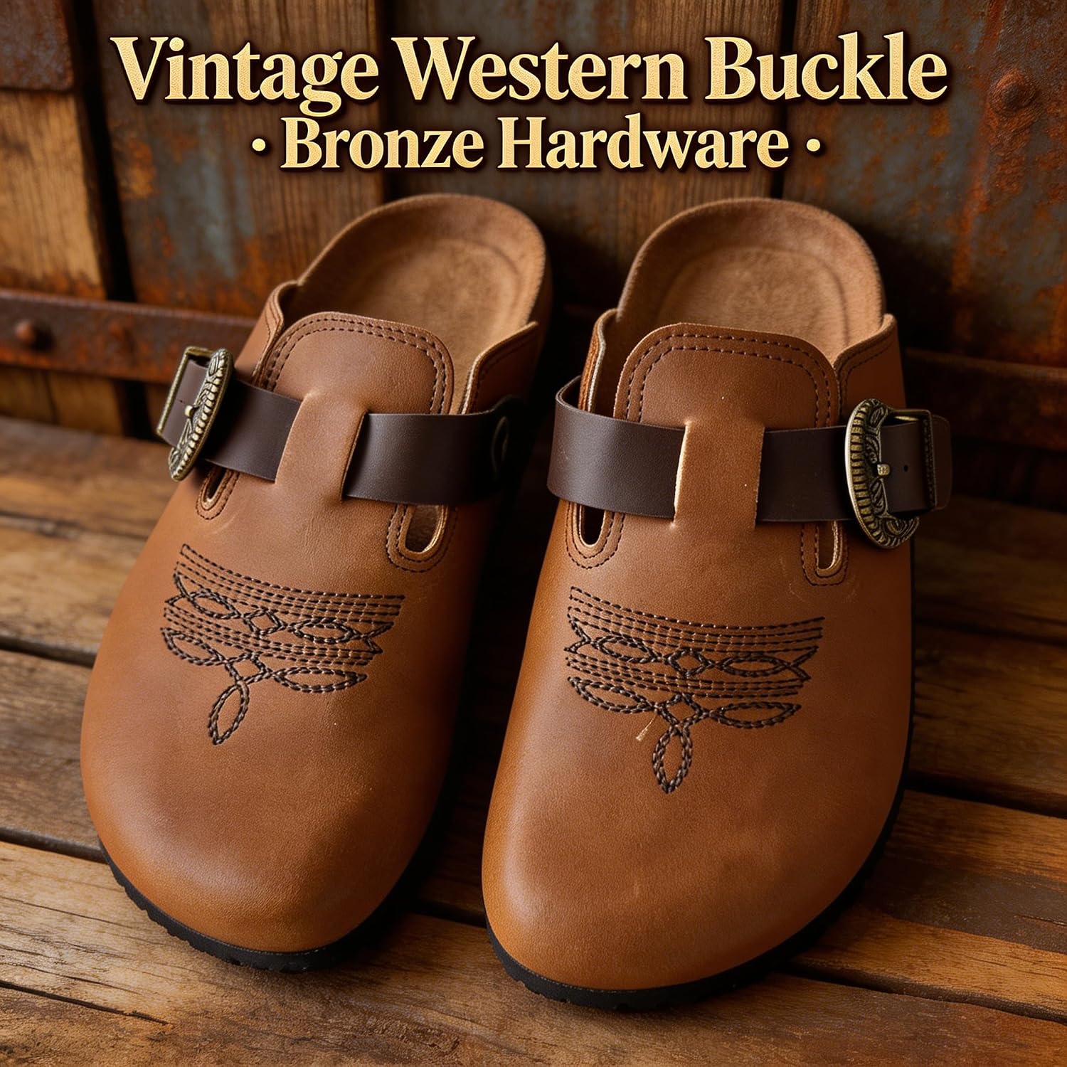 Western Leather Clogs for Women Men Cushioned Cork Footbed Boho Cowboy Cowgirl Mules Slip on Potato Shoes with Classic Embroidered Arch Support