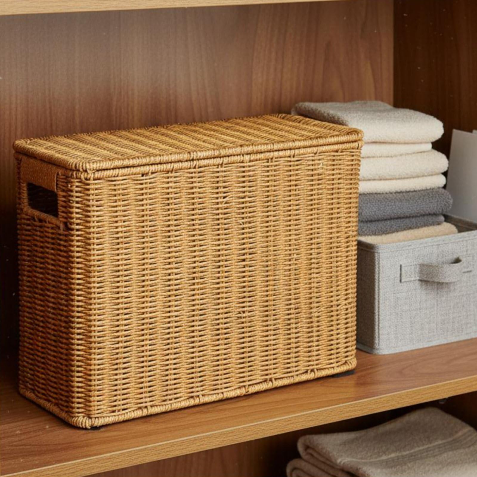 perfk Cesta Organizadora Tejida con Tapa Protectora y Estructura Resistente de Hierro Diseño Decorativo Trenzado de Ratán Asas Prácticas Adecuada para Dormitorio Baño Sala de Estar, L