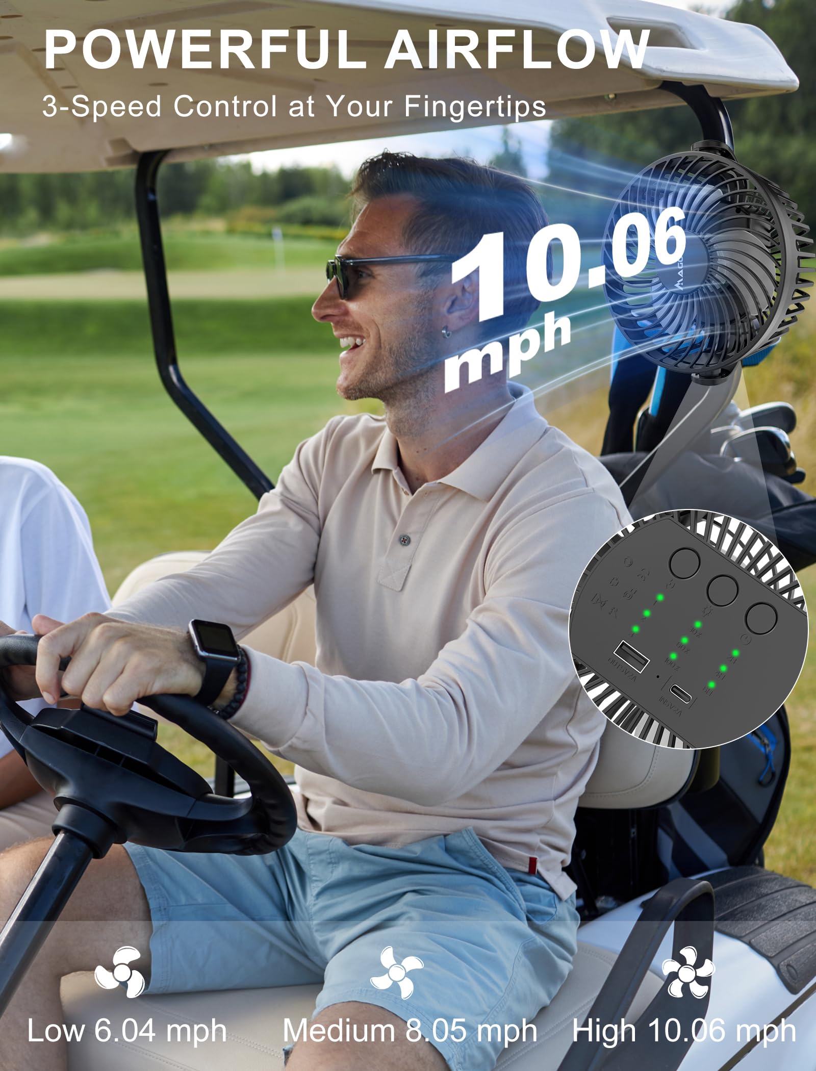 [Upgraded 2X Magnet] 1-Pack Magnetic Golf Cart Fan Rechargeable, 12000mAh Battery Operated Portable Fan with Light, Magnetic Base, Suitable for EZGO Club Car Yamaha, Golf Cart Accessories 2026 - 3
