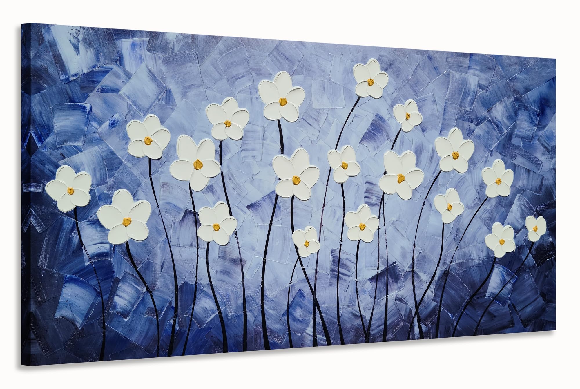 yhsky arts floral canvas wall art hand painted blue and white heavy textured painting modern abstract flower pictures contemporary artwork for living room bedroom office decoration