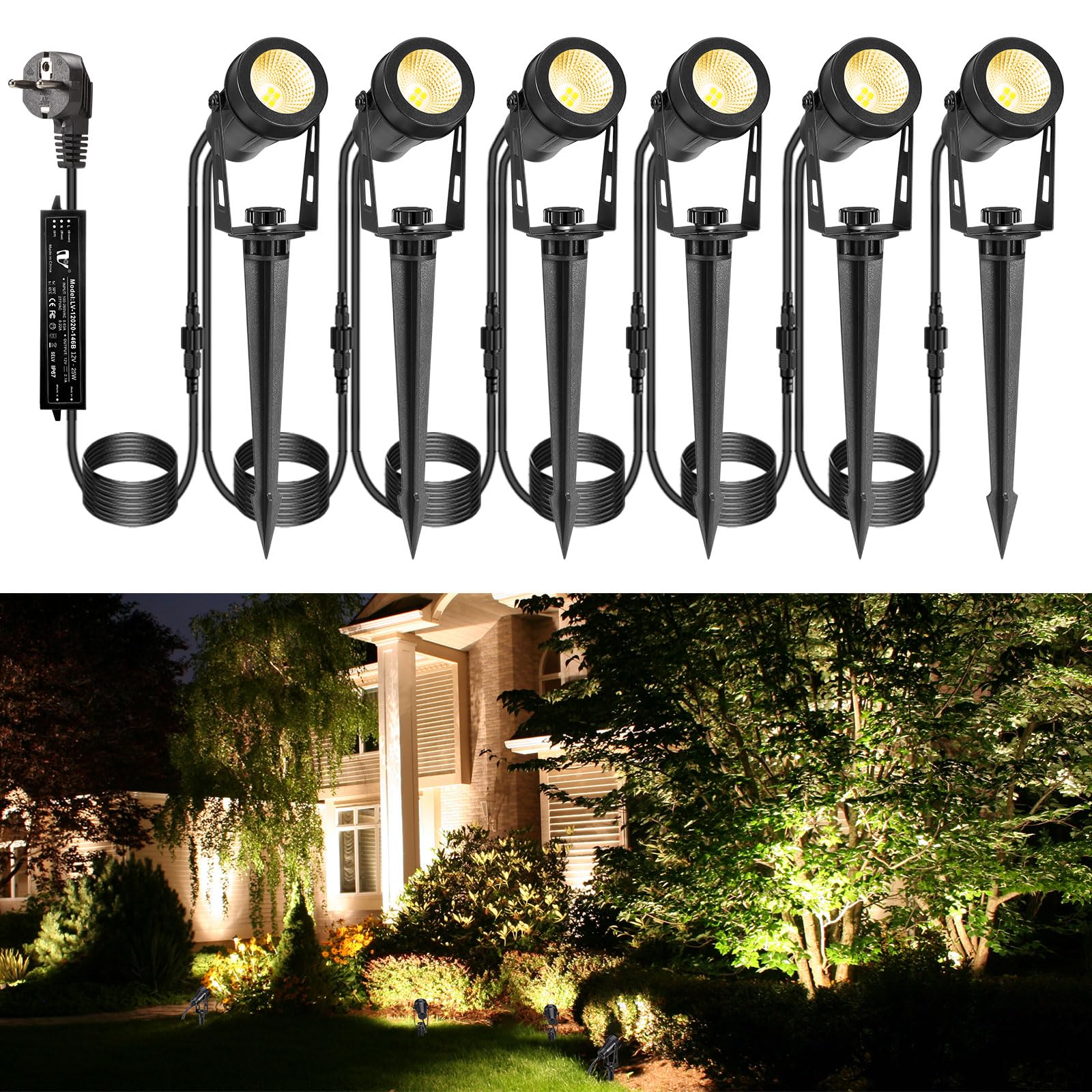 ECOWHO Gartenleuchte LED 12V 3W Gartenstrahler mit Erdspieß und Stecker IP65 Wasserdicht Gartenbeleuchtung Gartenspots mit Kabel für Außen Garten Rasen (Warmweiß 6er-Pack)